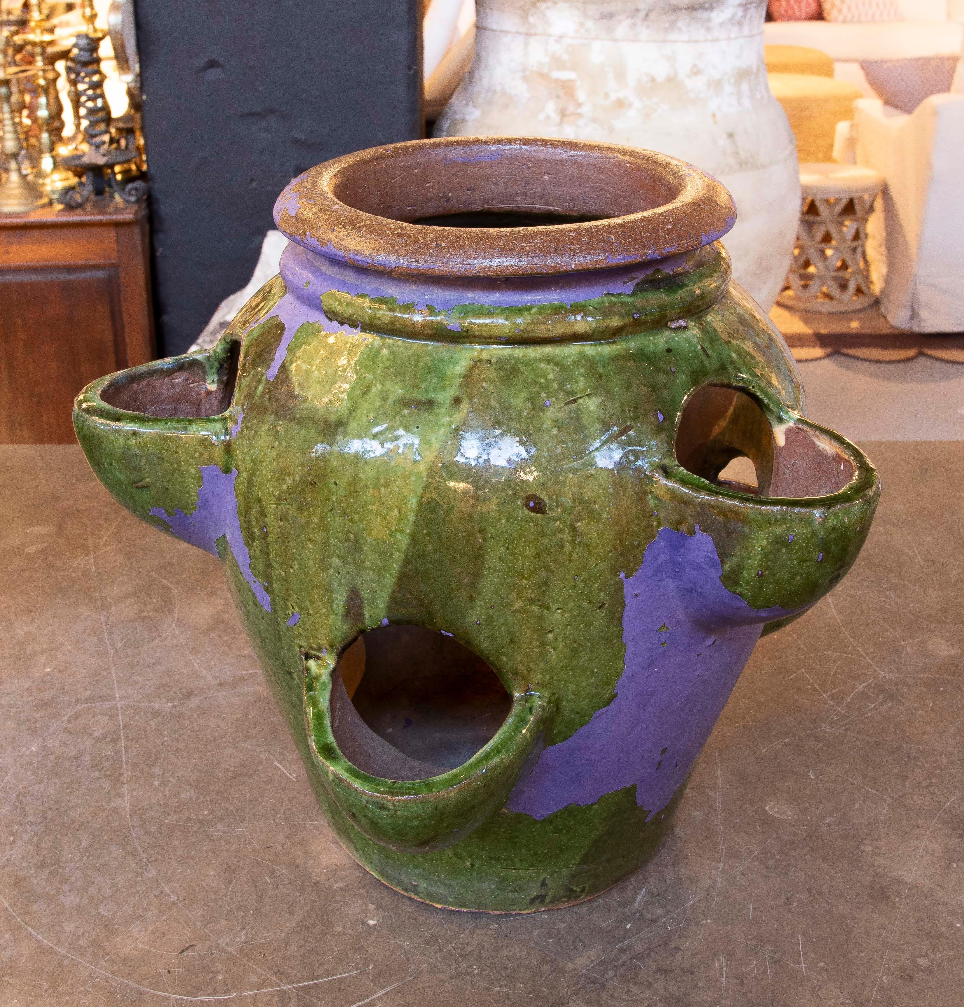 20th Century 1940s Green Glazed Ceramic Spanish Pottery for Planting Strawberries For Sale