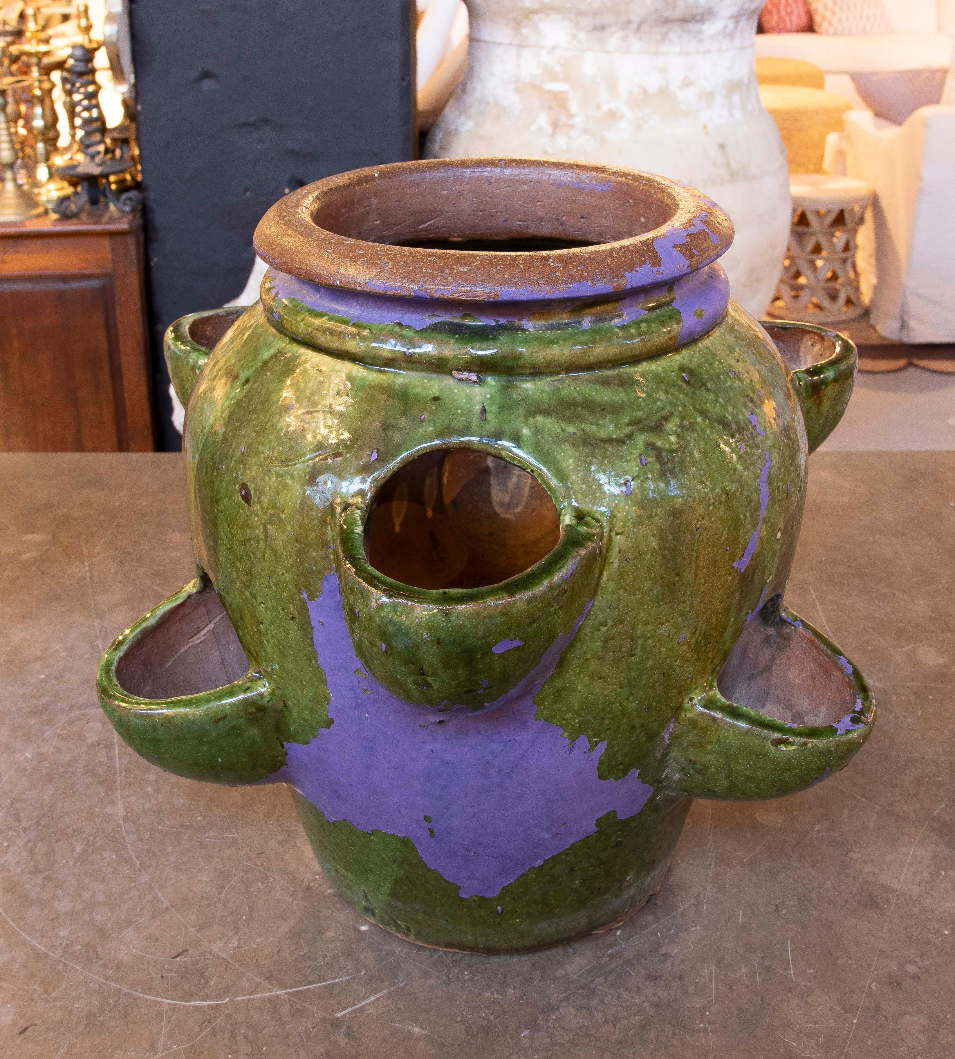 1940s Green Glazed Ceramic Spanish Pottery for Planting Strawberries For Sale 1