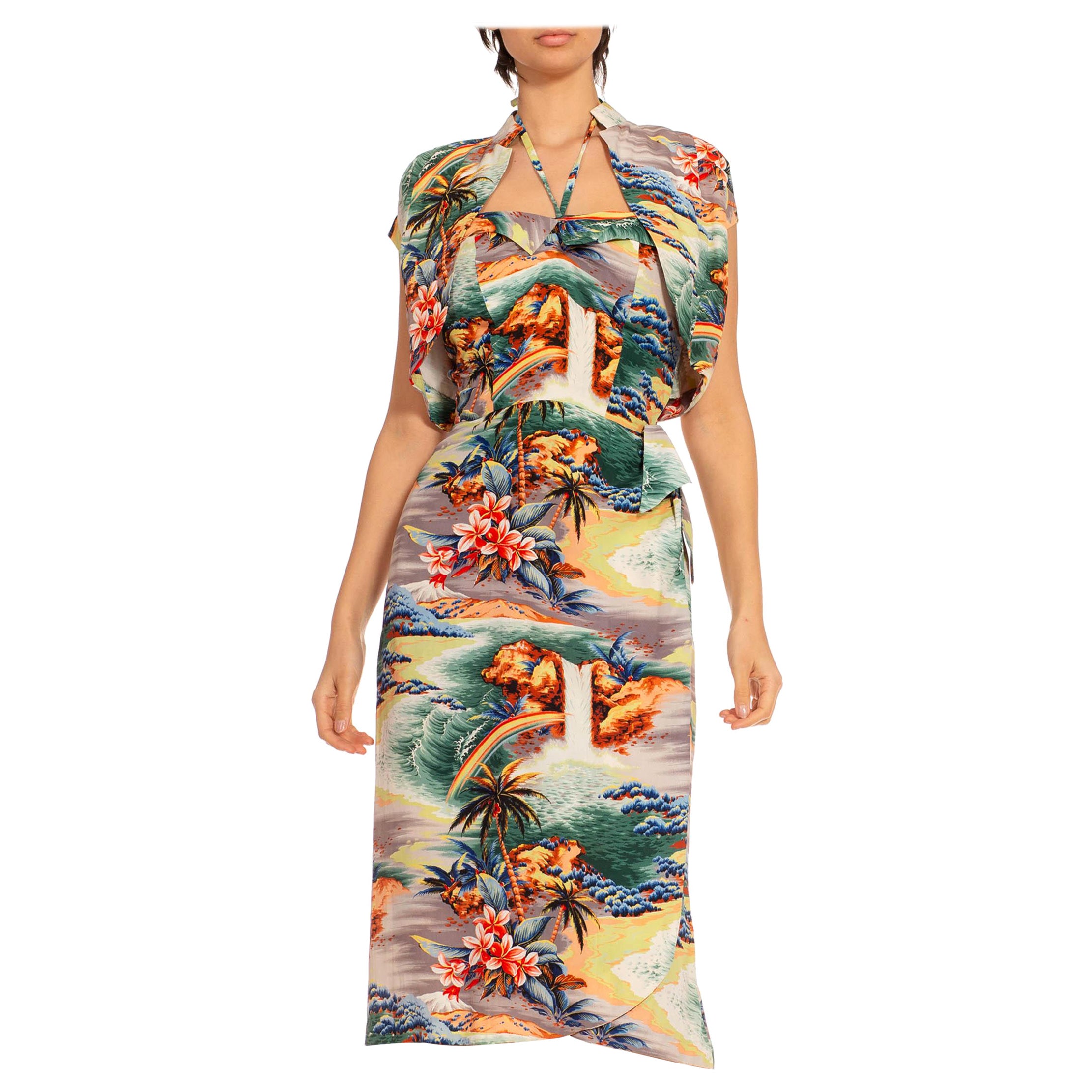 Ensemble boléro en soie de coton imprimé hawaïen vert et orange, années 1940