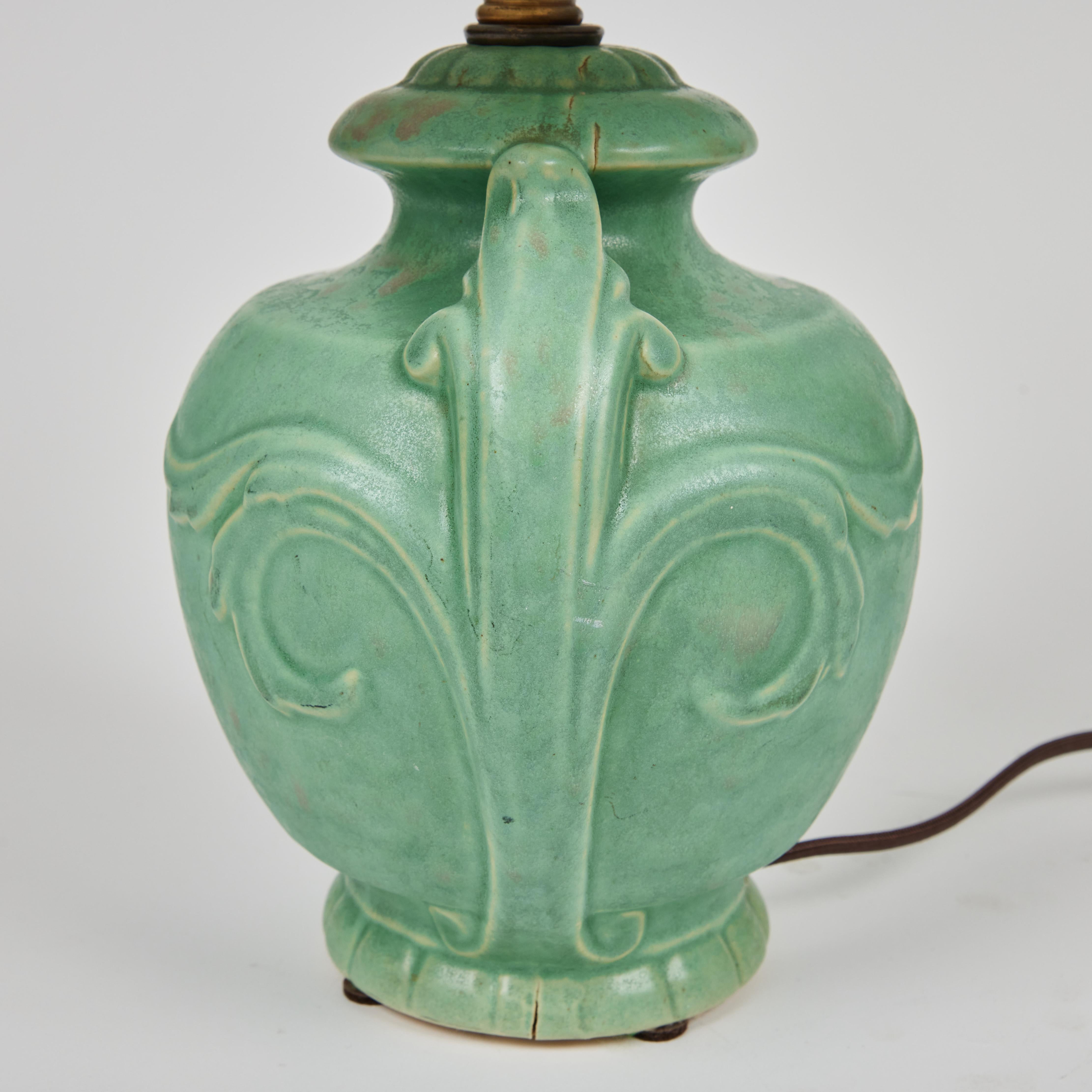 1940s Green Pottery Lamp W/ New Custom Linen Shade In Good Condition In Pasadena, CA