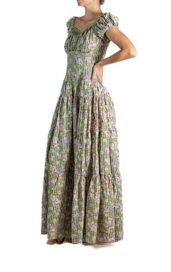 1940S Green & Purple Floral Plaid Rayon Taffeta Summer Gown