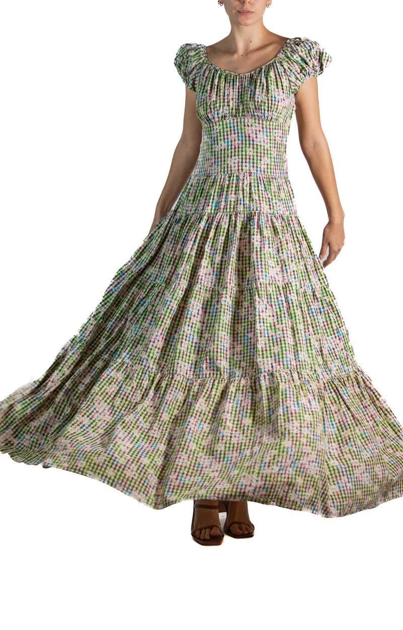 1940S Grün & Lila Floral Plaid Rayon Taffeta Sommerkleid im Angebot 5