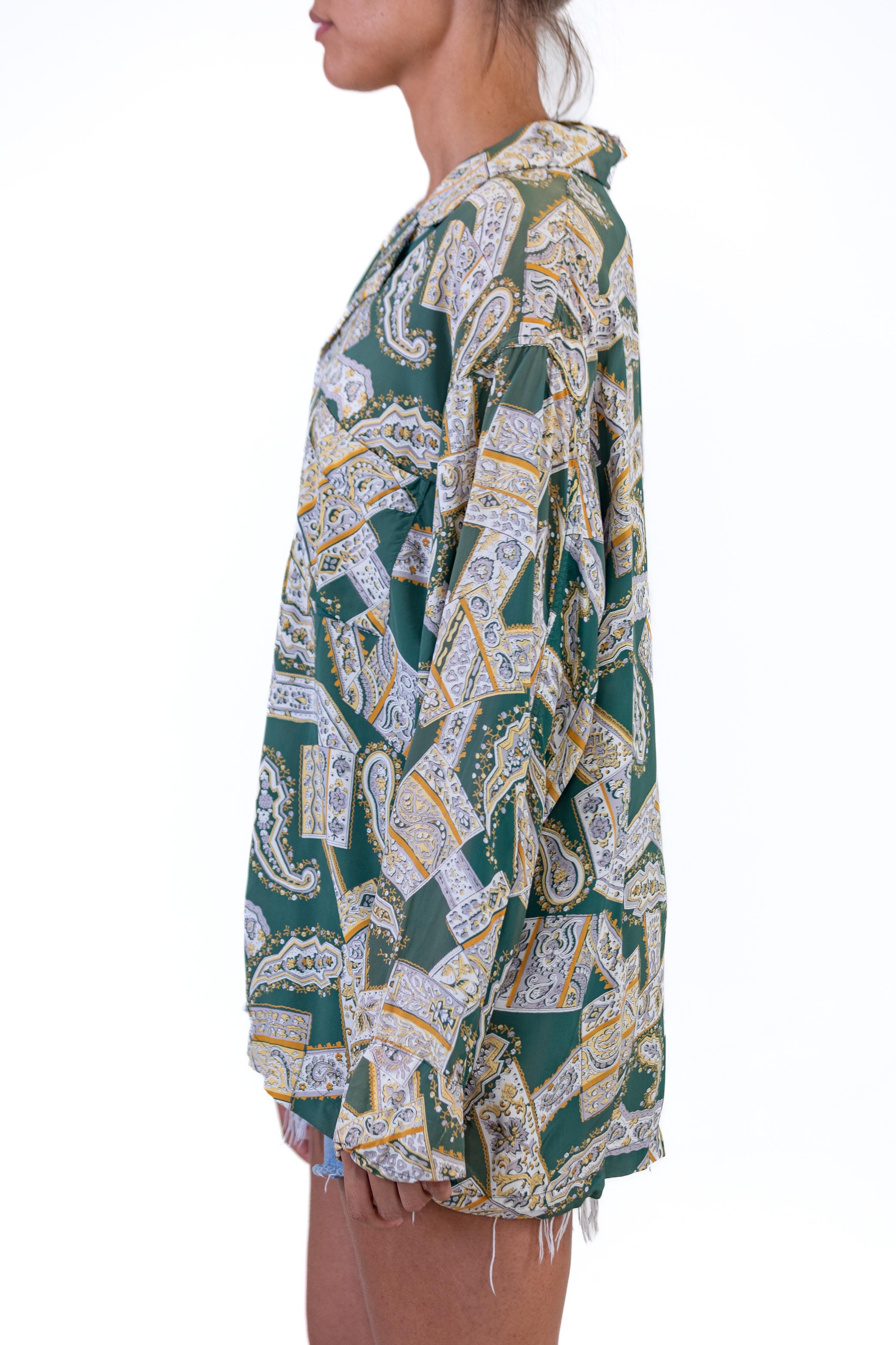 1940S Grün Rayon Herren Paisley Druck Pyjama Top
