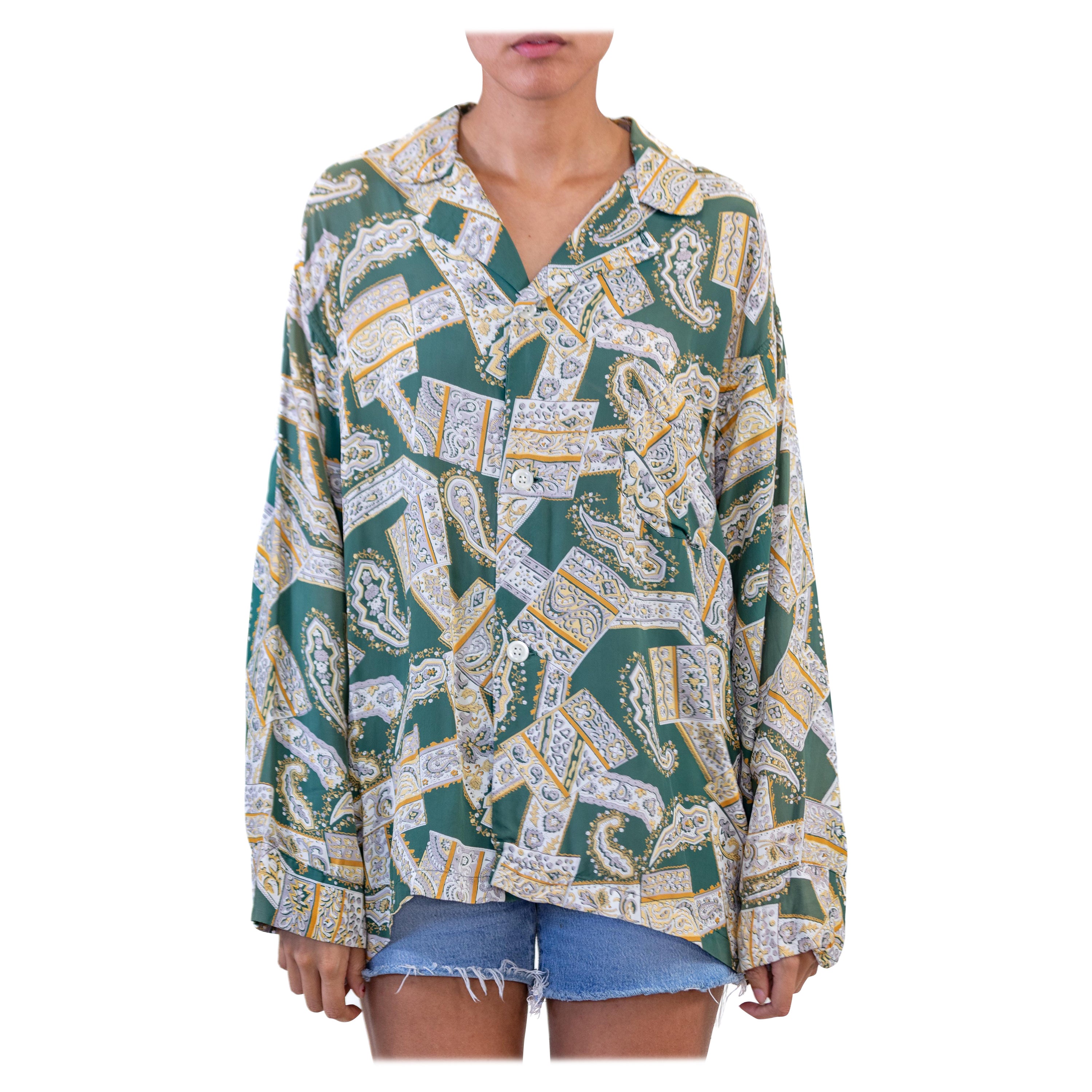 Top pigiama da uomo con stampa Paisley degli anni '40 in rayon verde