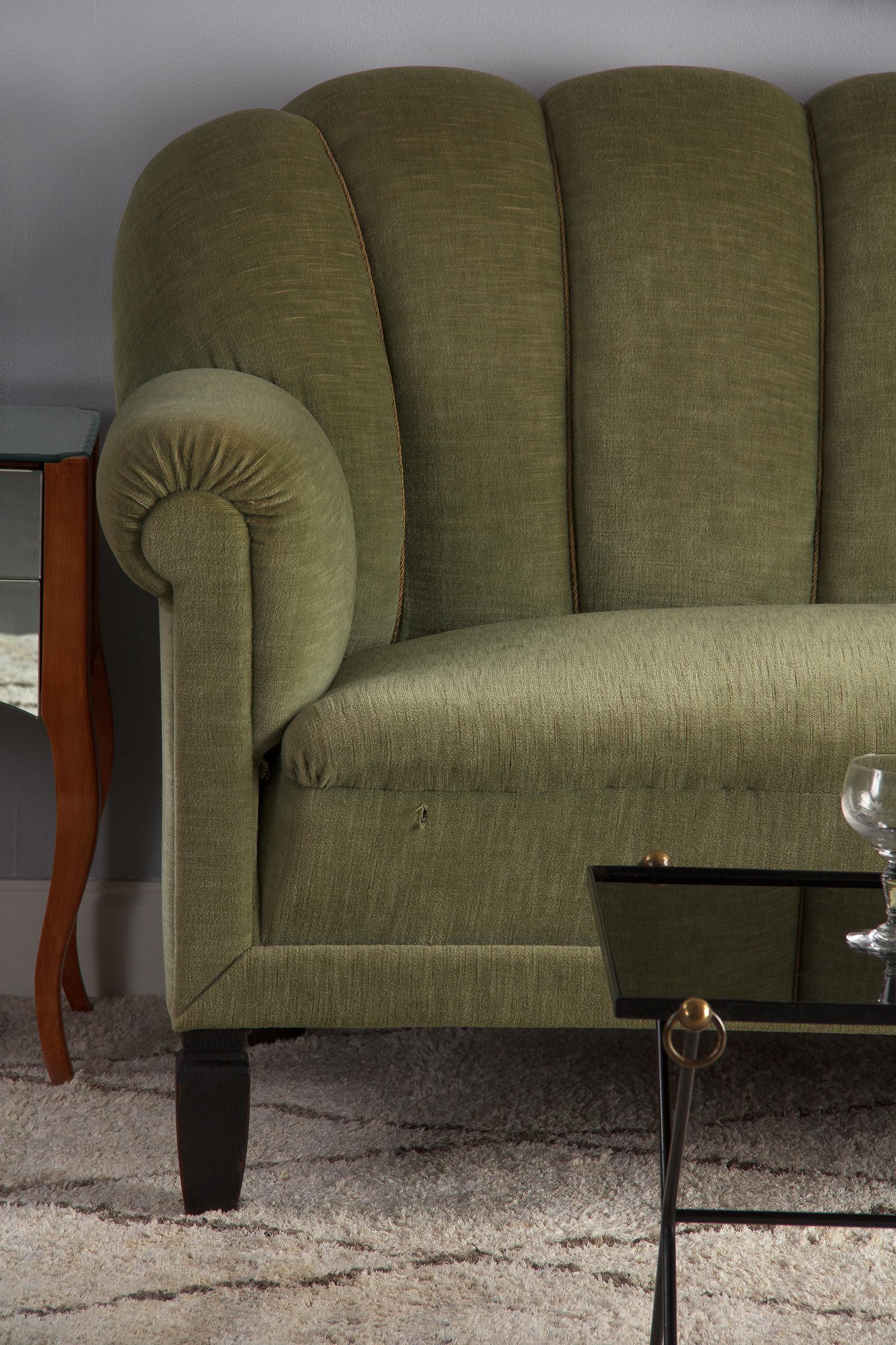 French Art Deco Moss Green Upholstered Sofa, 1940s 2