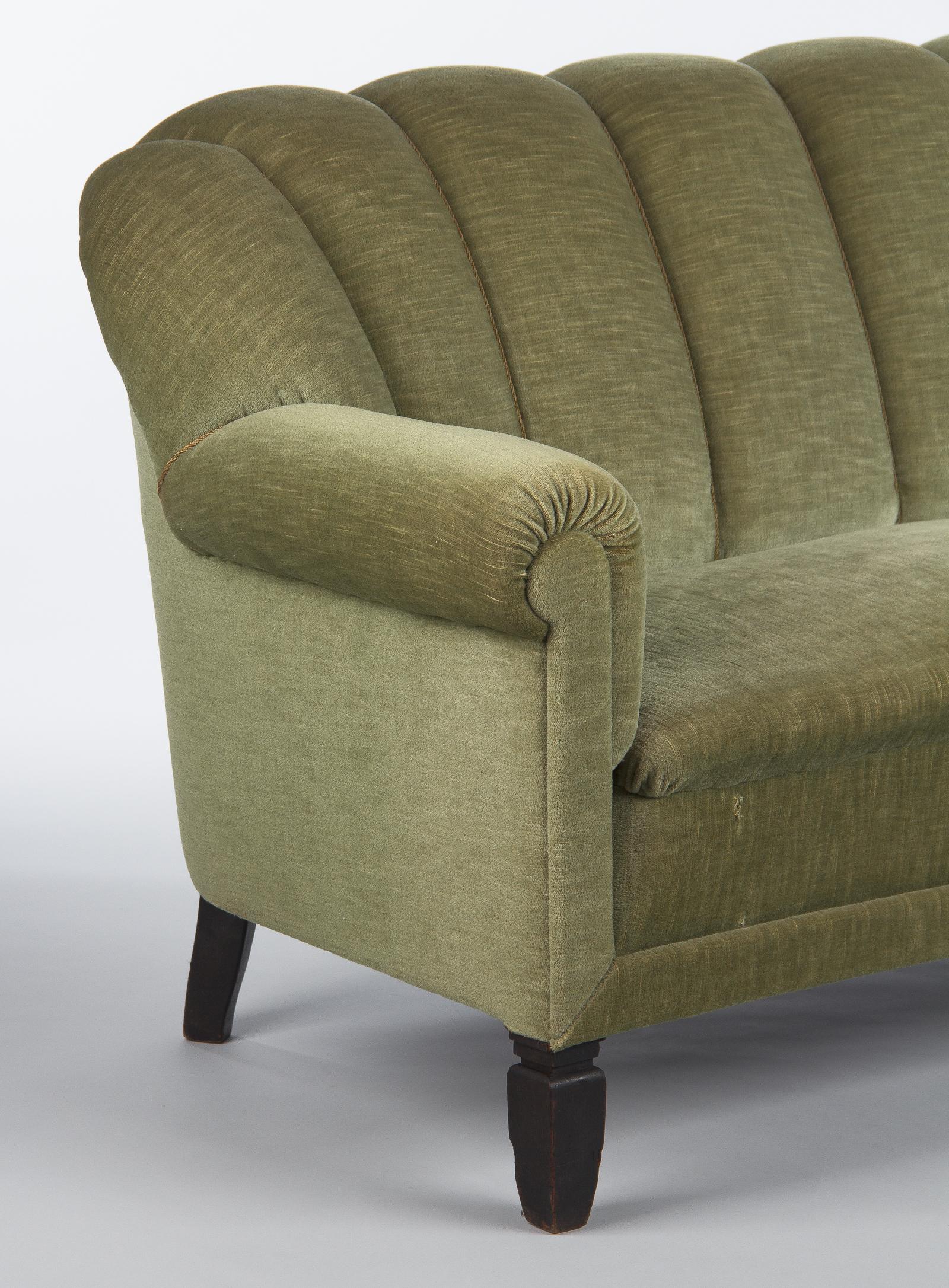 French Art Deco Moss Green Upholstered Sofa, 1940s 4