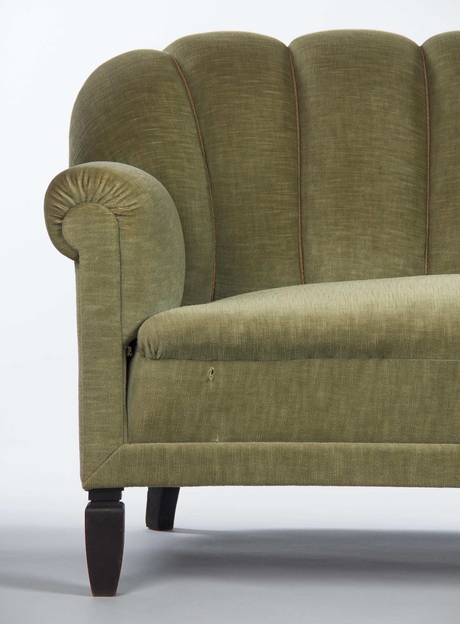 French Art Deco Moss Green Upholstered Sofa, 1940s 8