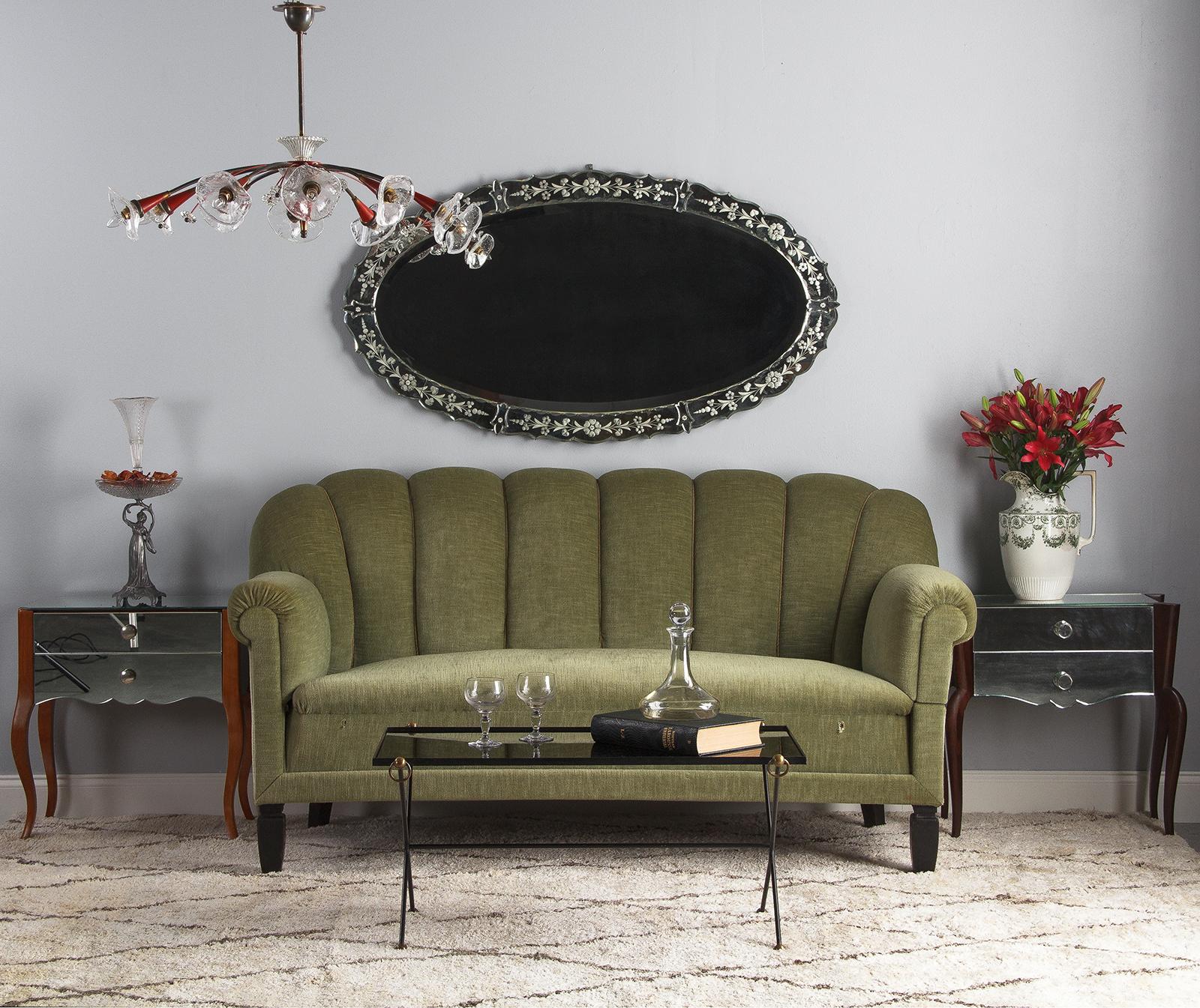 French Art Deco Moss Green Upholstered Sofa, 1940s 11