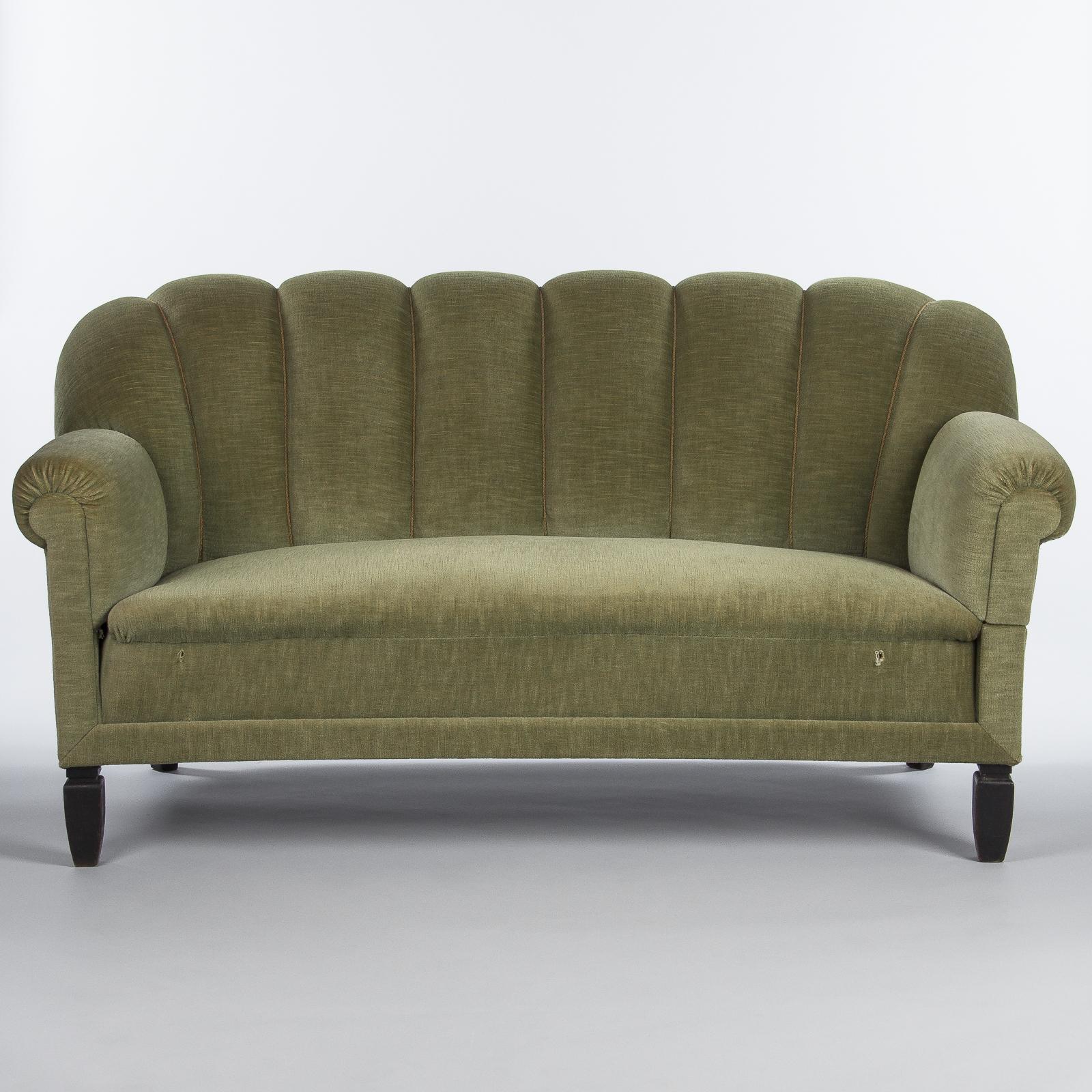French Art Deco Moss Green Upholstered Sofa, 1940s In Fair Condition In Austin, TX