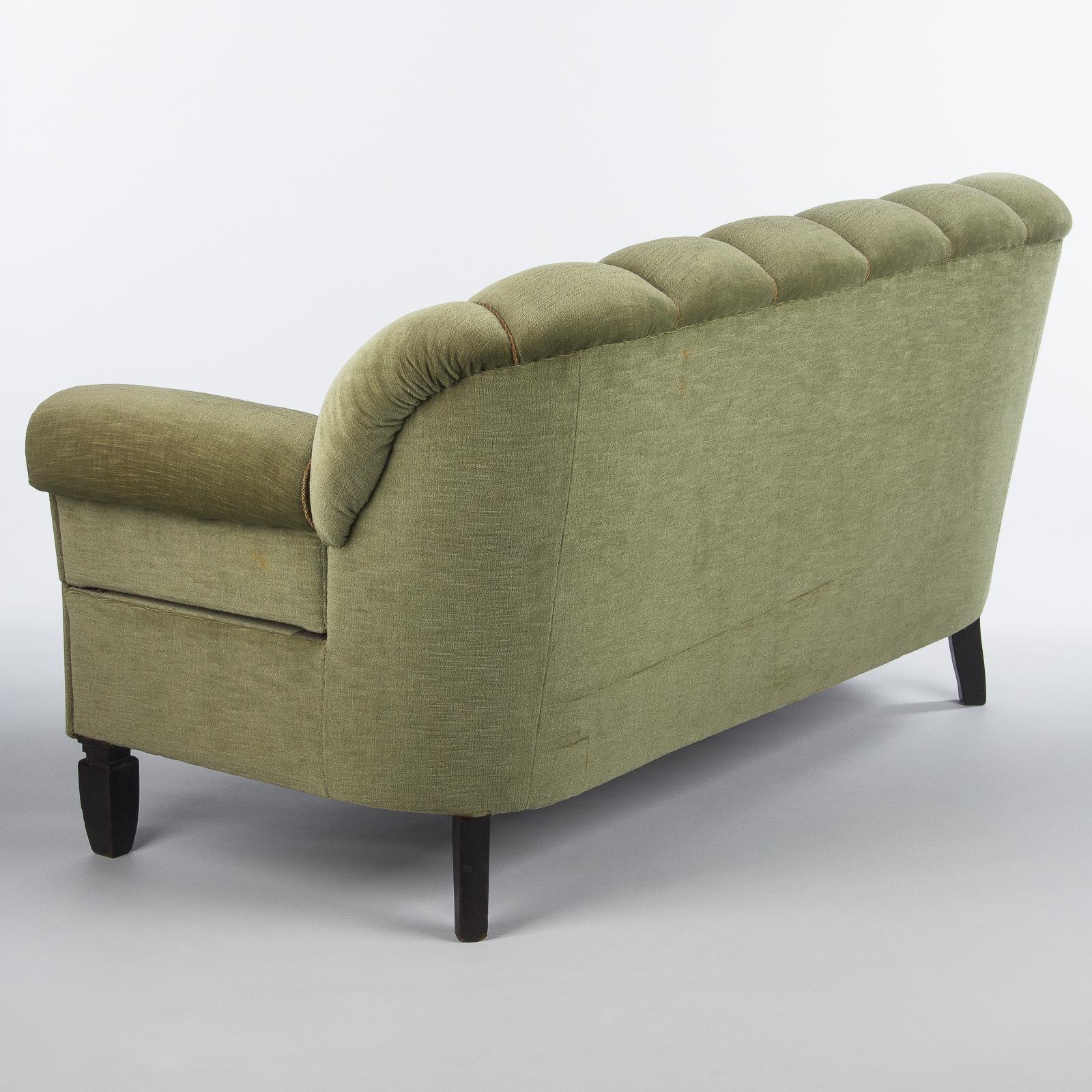 French Art Deco Moss Green Upholstered Sofa, 1940s 1