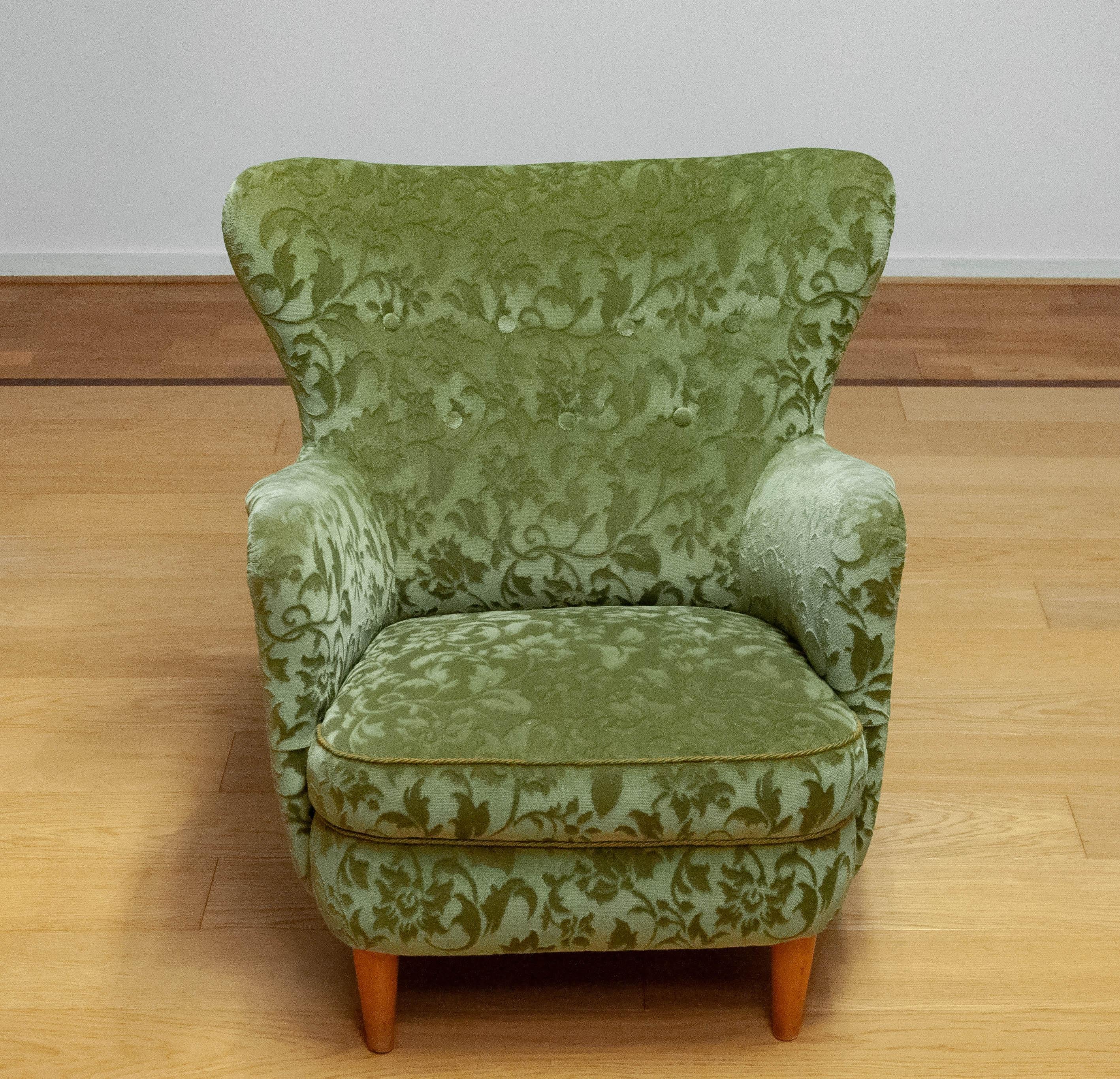Finnish 1940s Green Velvet Wingback Club Chair By Ilmari Lappalainen For Asko. Finland For Sale
