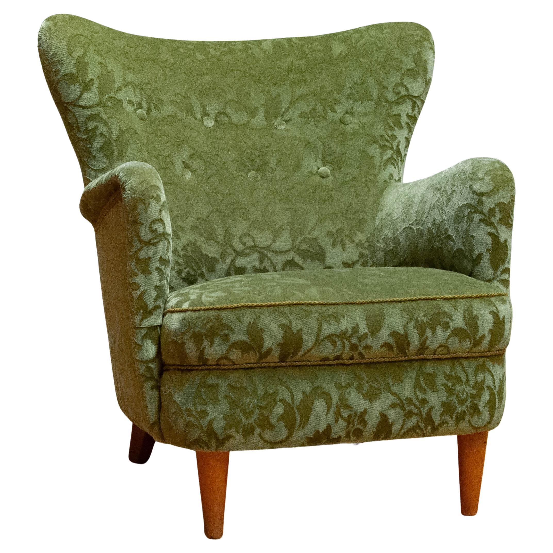 1940s Green Velvet Wingback Club Chair By Ilmari Lappalainen For Asko. Finland For Sale