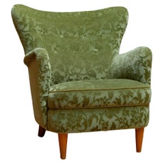 Vintage 1940s Green Velvet Wingback Club Chair By Ilmari Lappalainen For Asko. Finland
