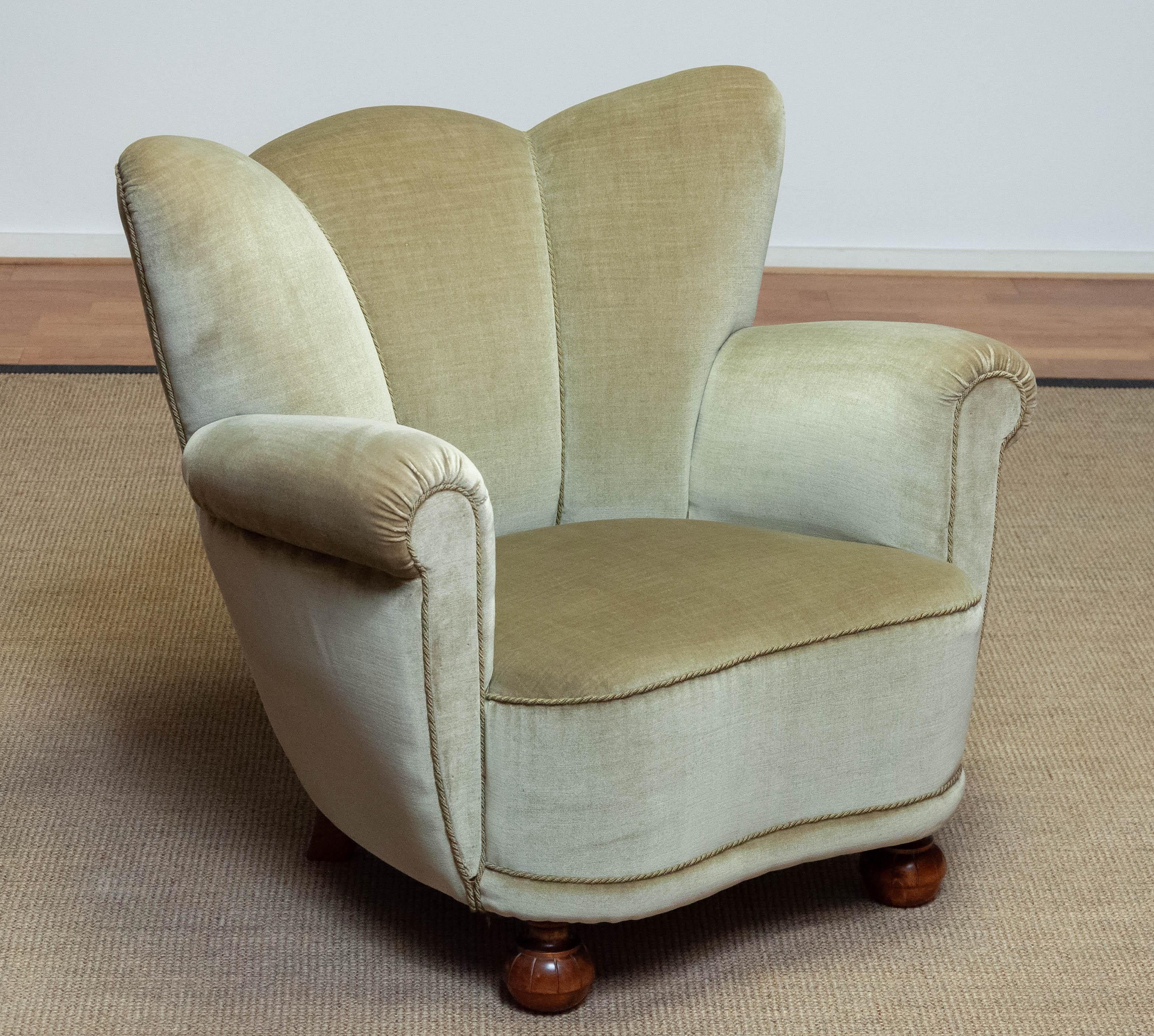 Mid-20th Century 1940s Green Velvet Wingback Lounge Chair in the Style of Fritz Hansen Denmark