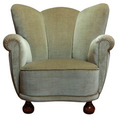 1940s Green Velvet Wingback Lounge Chair in the Style of Fritz Hansen Denmark
