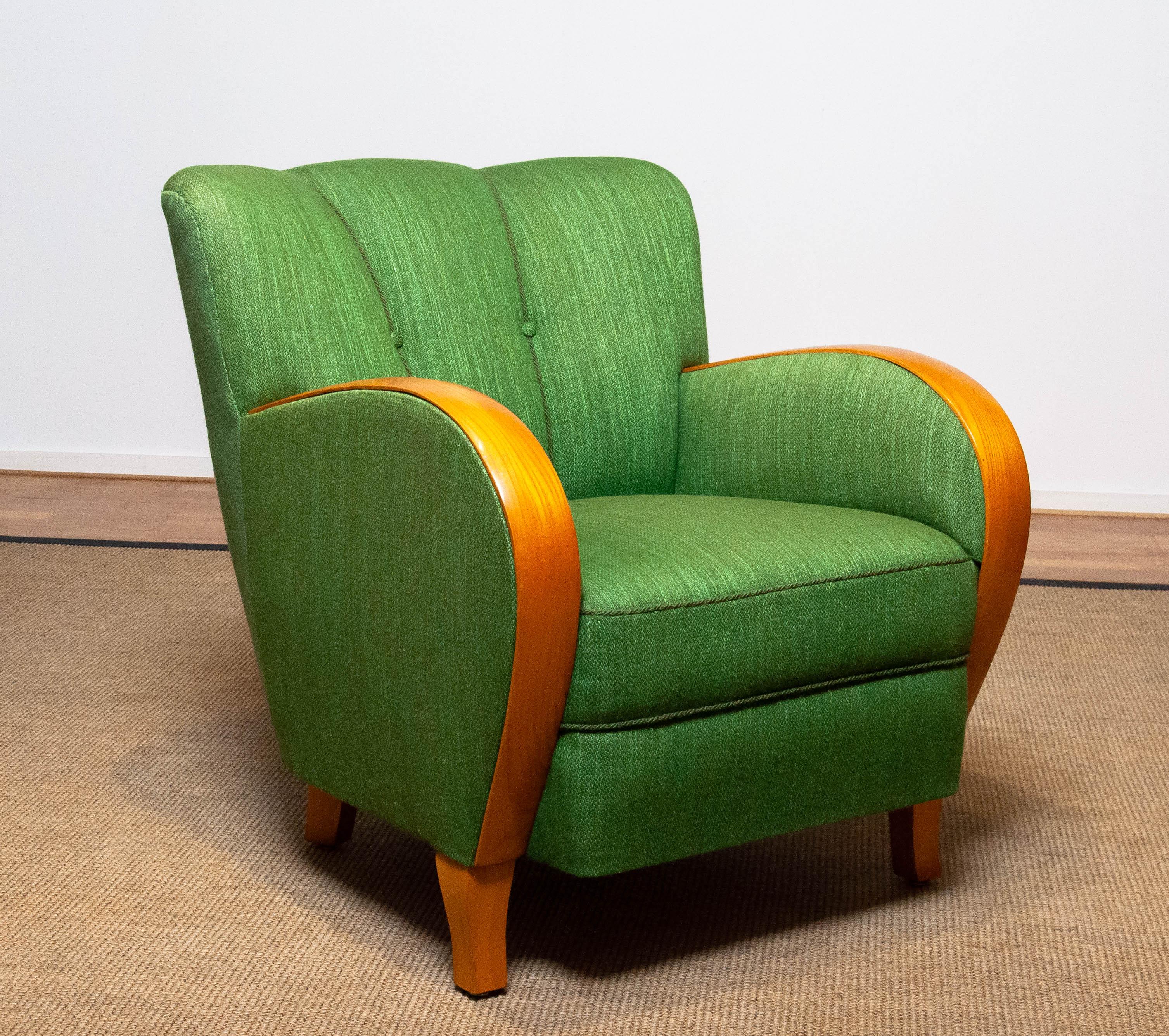 1940's, Green Woolen with Elm Armrests Lounge Chair in the Style of Fritz Hansen 2
