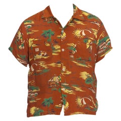 Vintage 1940S Green & Yellow Hawaiian Rayon Men's Shirt With Rare Florida, Miami Pirates