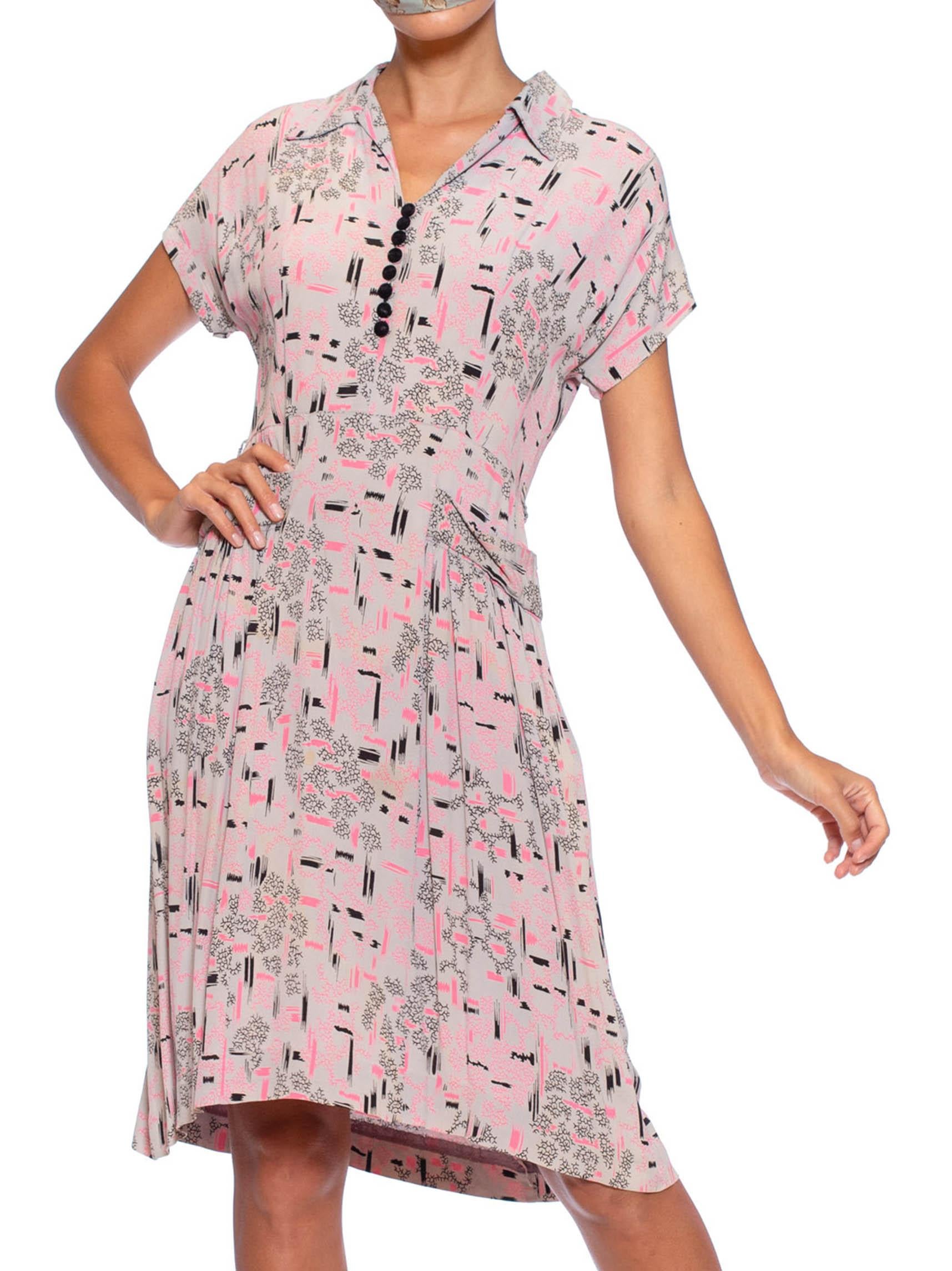 Gray 1940S Grey & Pink Rayon Crepe Atomic Print Dress