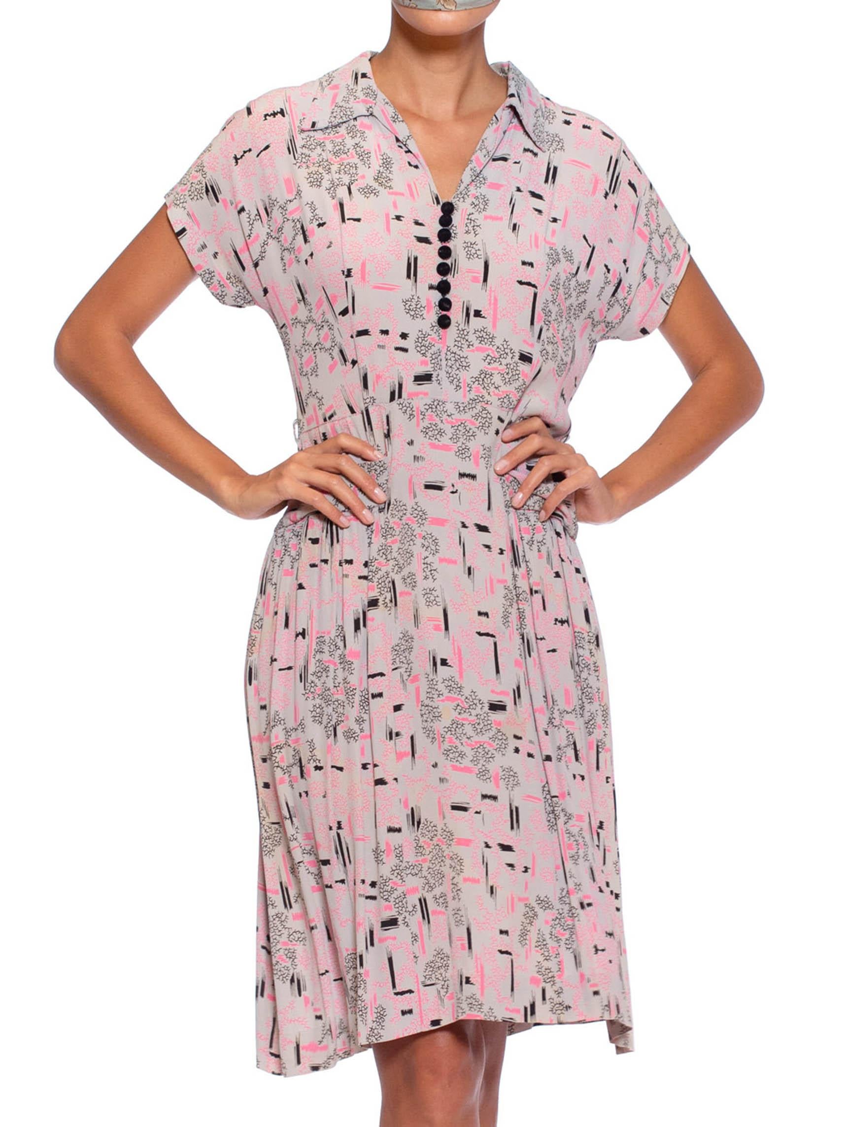 Women's 1940S Grey & Pink Rayon Crepe Atomic Print Dress