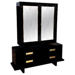 1940 Grosfeld House Cabinet Moderne en bois laqué noir, laiton et verre Rare