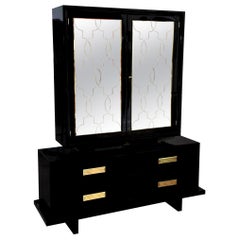 1940's Grosfeld House Schwarz lackiert Holz, Messing und Glas Kabinett Moderne Rare
