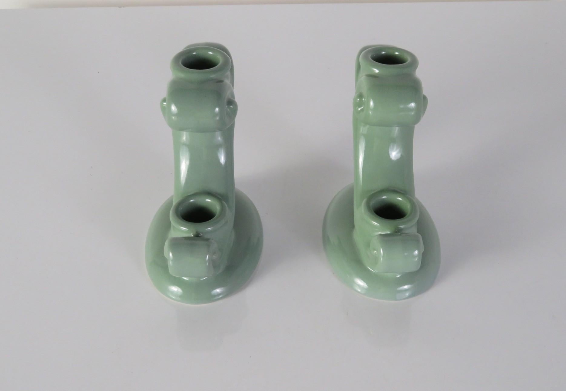 1940s Grouping Pair Candleholders & Center Piece Abingdon Pottery Flower Motif For Sale 3