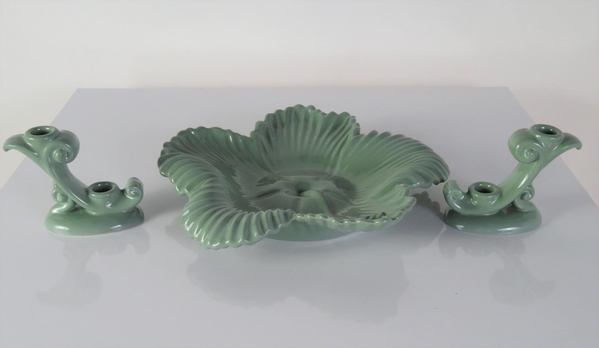 1940s Grouping Pair Candleholders & Center Piece Abingdon Pottery Flower Motif For Sale 6