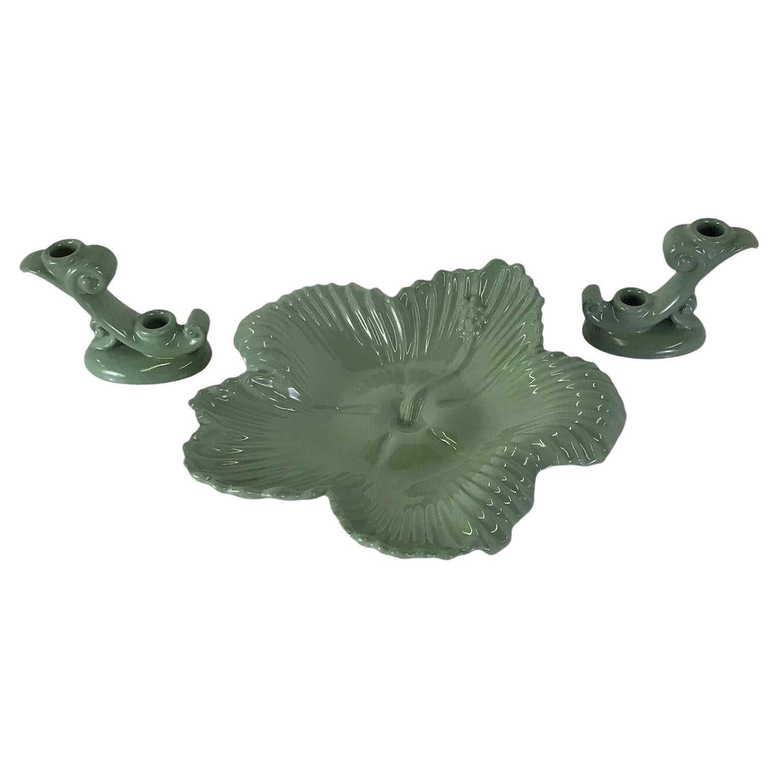 1940s Agrupación Par Candelabros y Pieza Central Abingdon Cerámica Motivo Floral