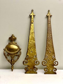 1940s Hammered Brass Door Strap Hinges by Wm. Spencer with Brass Door Knocker