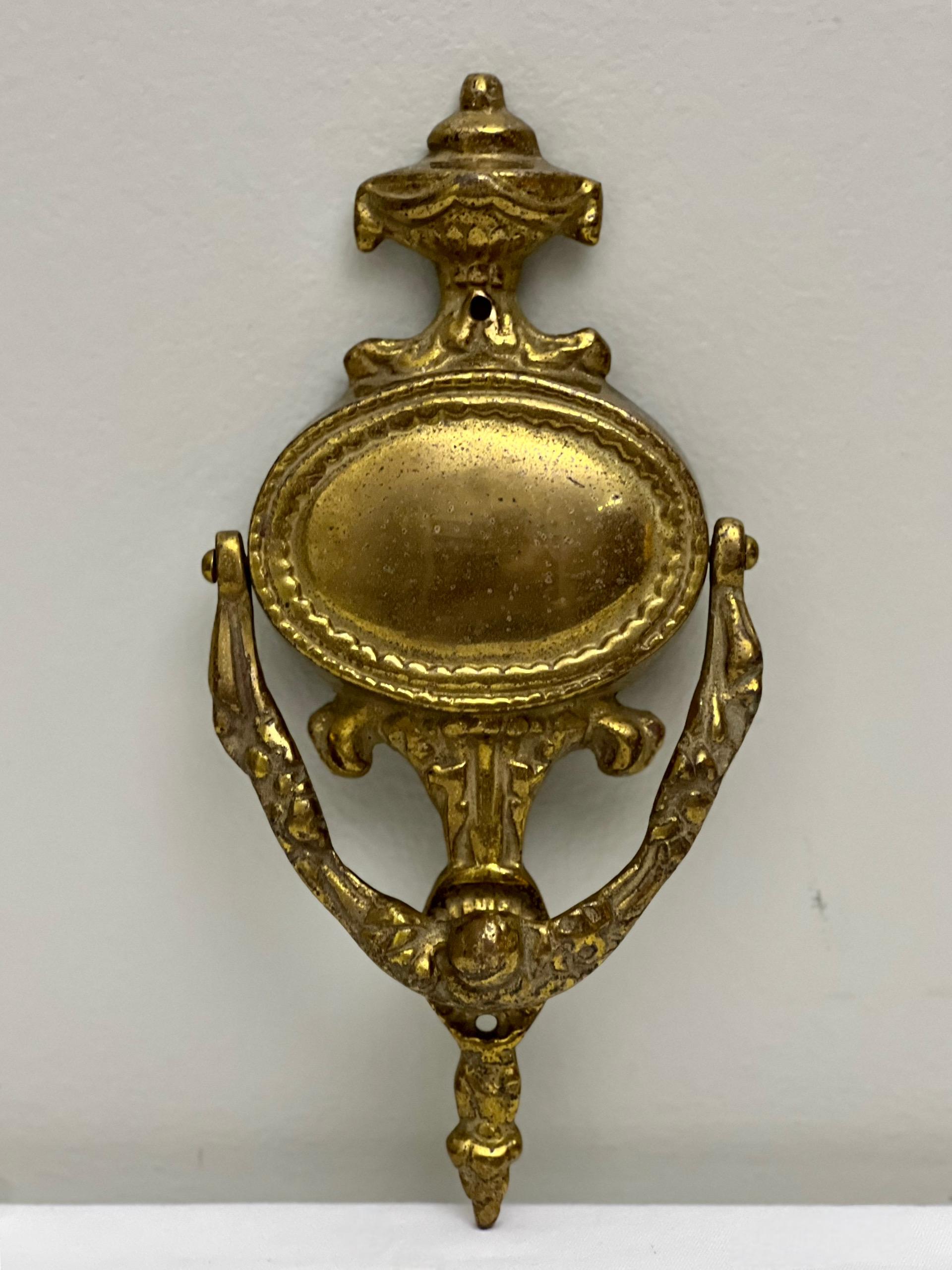 American 1940s Hammered Brass Door Strap Hinges by Wm. Spencer with Brass Door Knocker For Sale