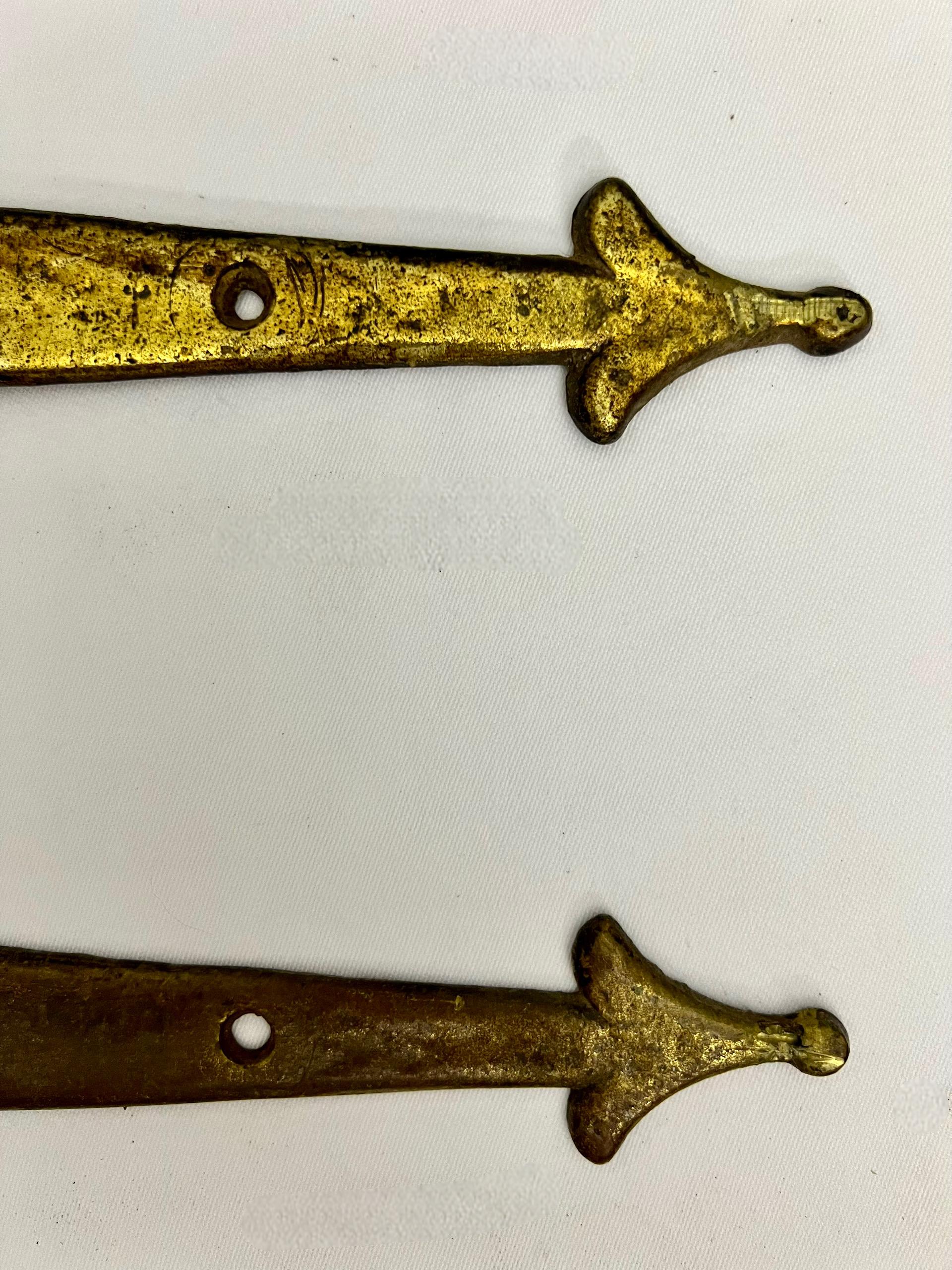 1940s Hammered Brass Door Strap Hinges by Wm. Spencer with Brass Door Knocker For Sale 1