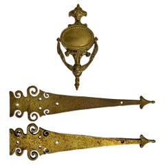 1940s Hammered Brass Door Strap Hinges by Wm. Spencer with Brass Door Knocker