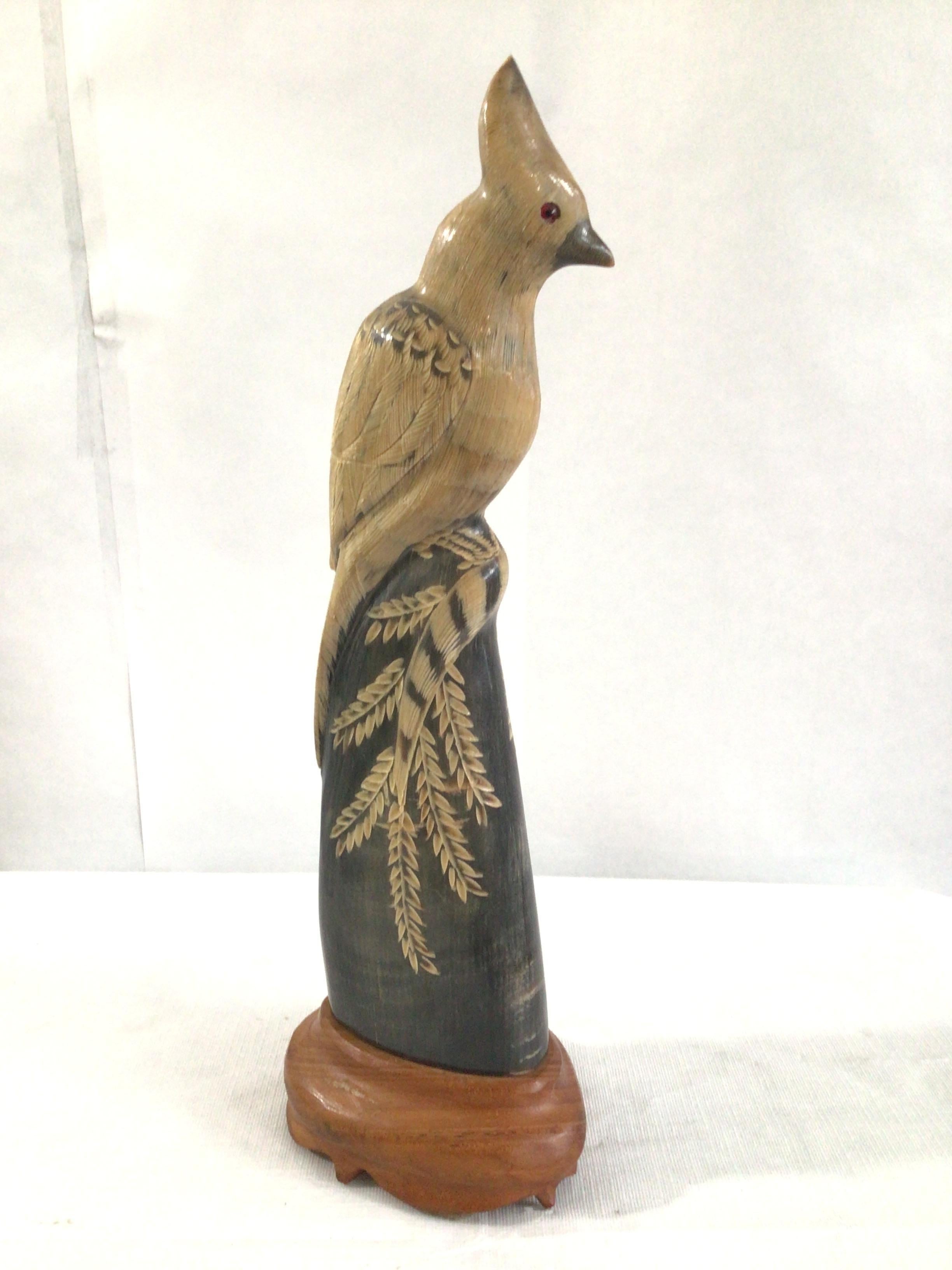 1940s Vintage Carved Water Buffalo Horn 
Hand Carved and Detailed Sculpture of a Parrot / Bird on a Wood base
Colors: Black, Tan, Natural Wood.