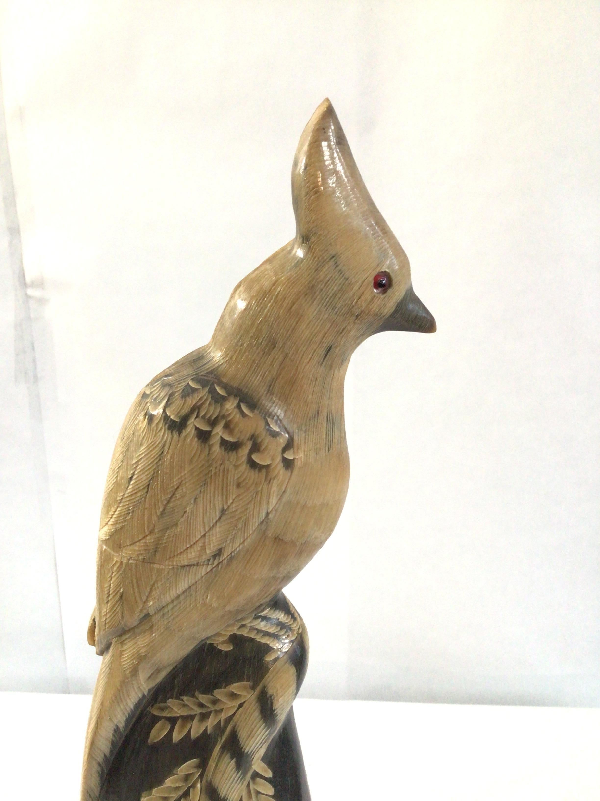 Unknown 1940s Han Carved Water Buffalo Horn of Detailed Bird Sculpture on a Wood Base For Sale