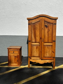 1940s Hand-Carved Arch Mexican Wooden Armoire Wardrobe Nightstand, Set of 2