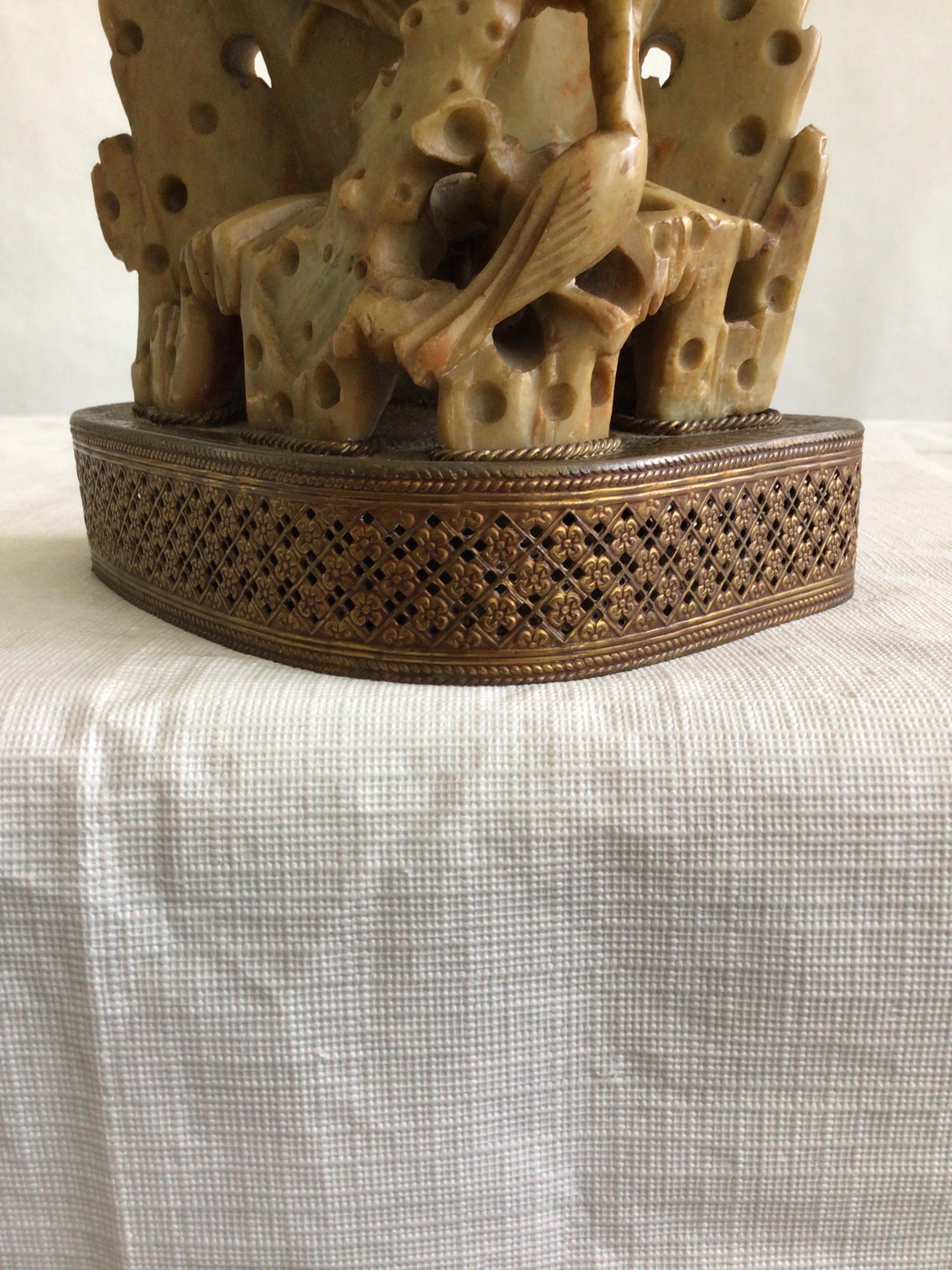 1940s Hand Carved Chinese Soapstone Vase Table Lamp On Pierced Metal Base For Sale 6