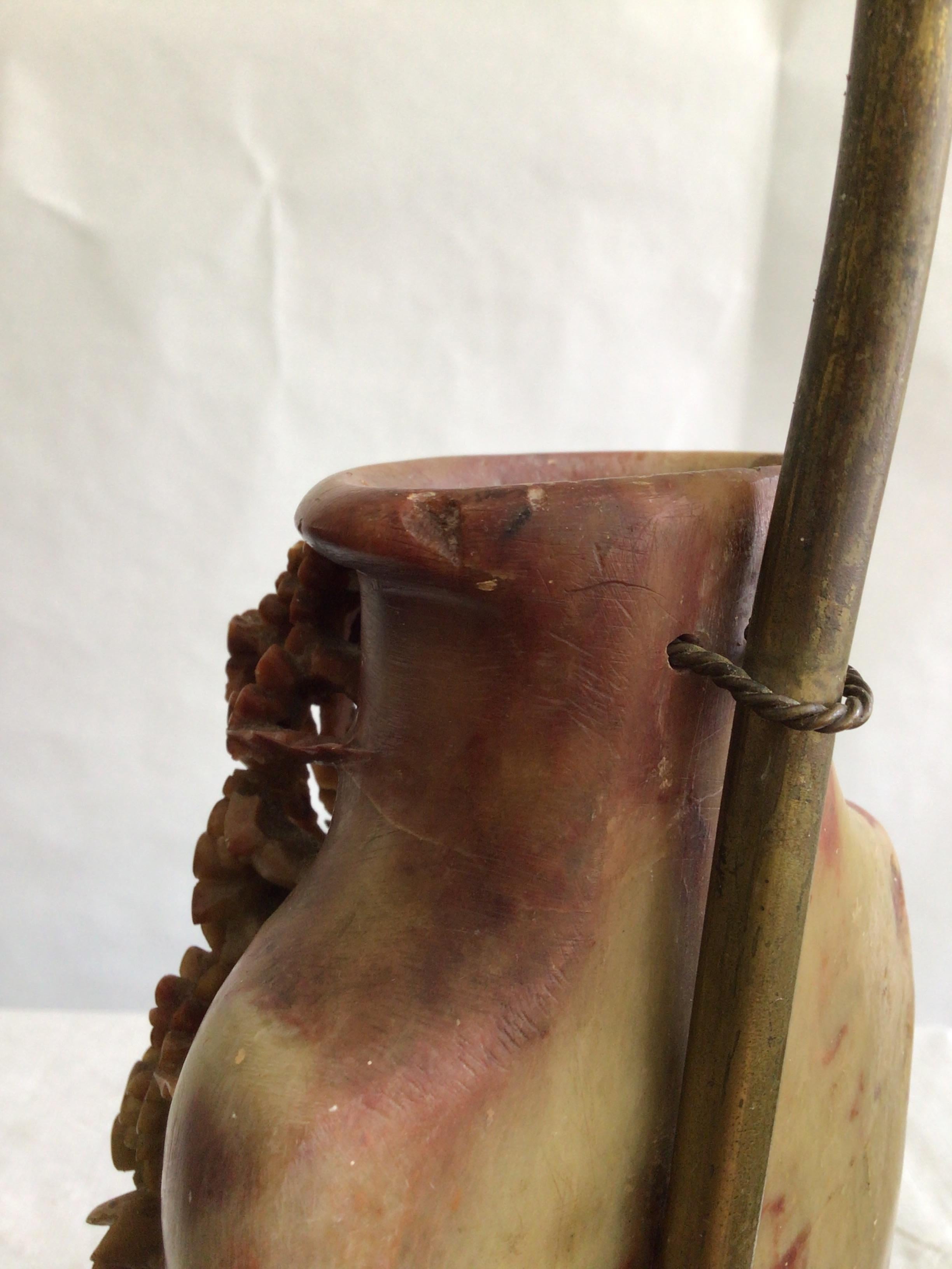 1940s Hand Carved Chinese Soapstone Vase Table Lamp On Pierced Metal Base For Sale 9