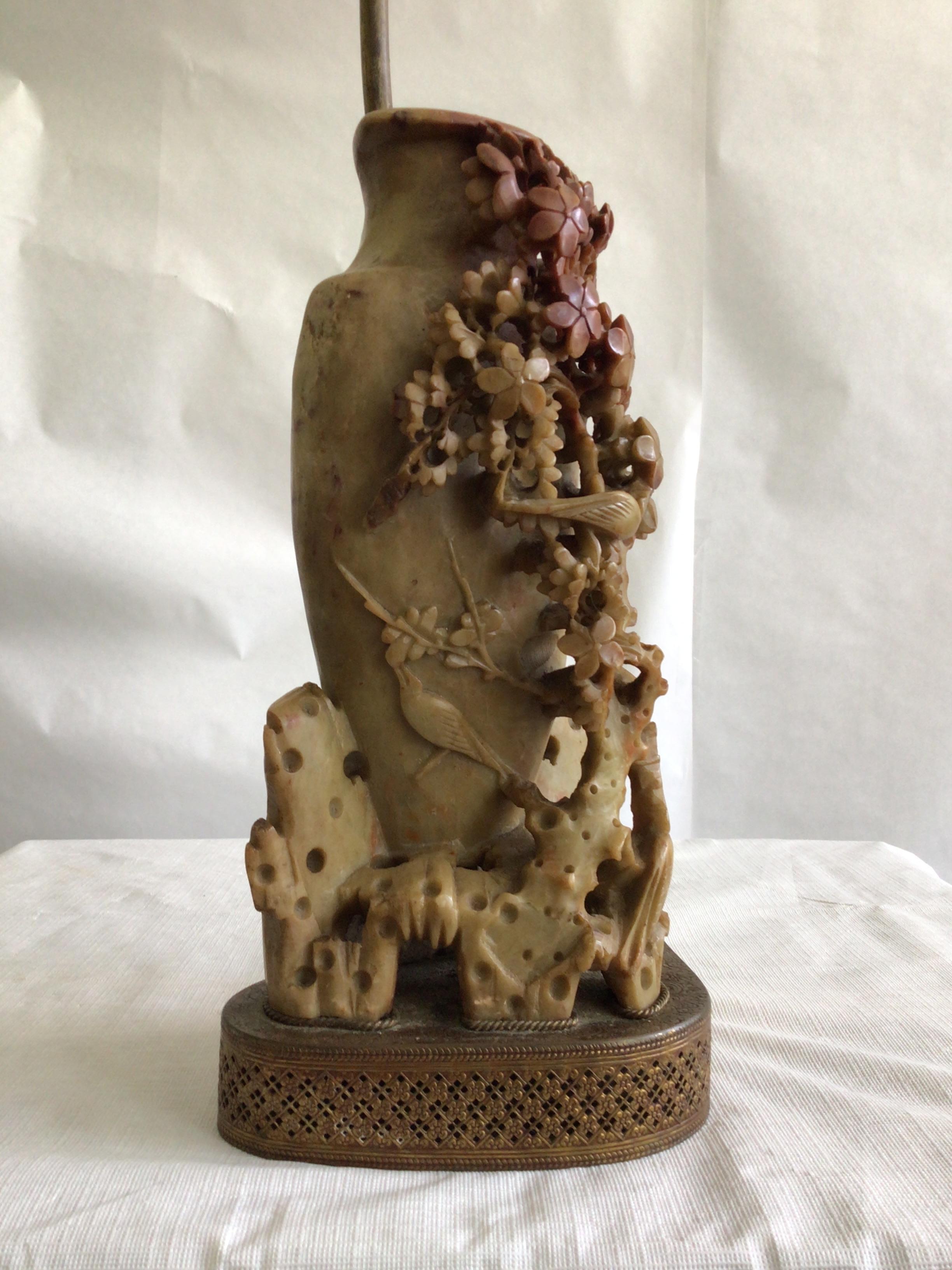 Hand-Carved 1940s Hand Carved Chinese Soapstone Vase Table Lamp On Pierced Metal Base For Sale