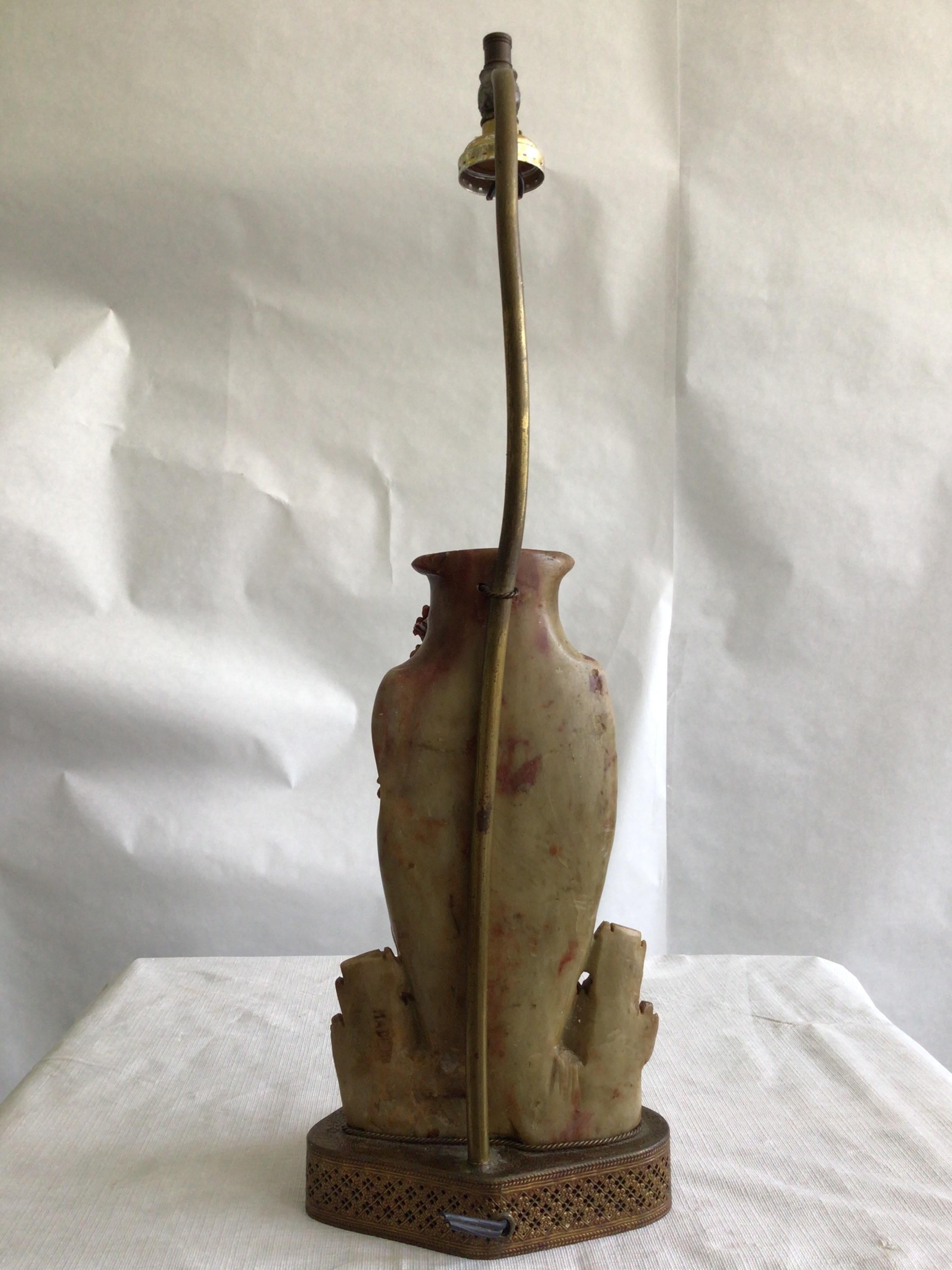 Mid-20th Century 1940s Hand Carved Chinese Soapstone Vase Table Lamp On Pierced Metal Base For Sale