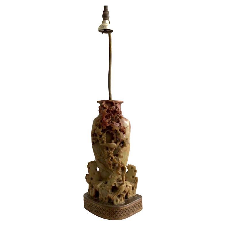 1940s Hand Carved Chinese Soapstone Vase Table Lamp On Pierced Metal Base For Sale