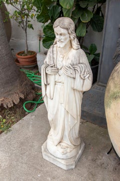 1940s Hand Carved Marble Sculpture of Jesus Christ of the Sacred Heart