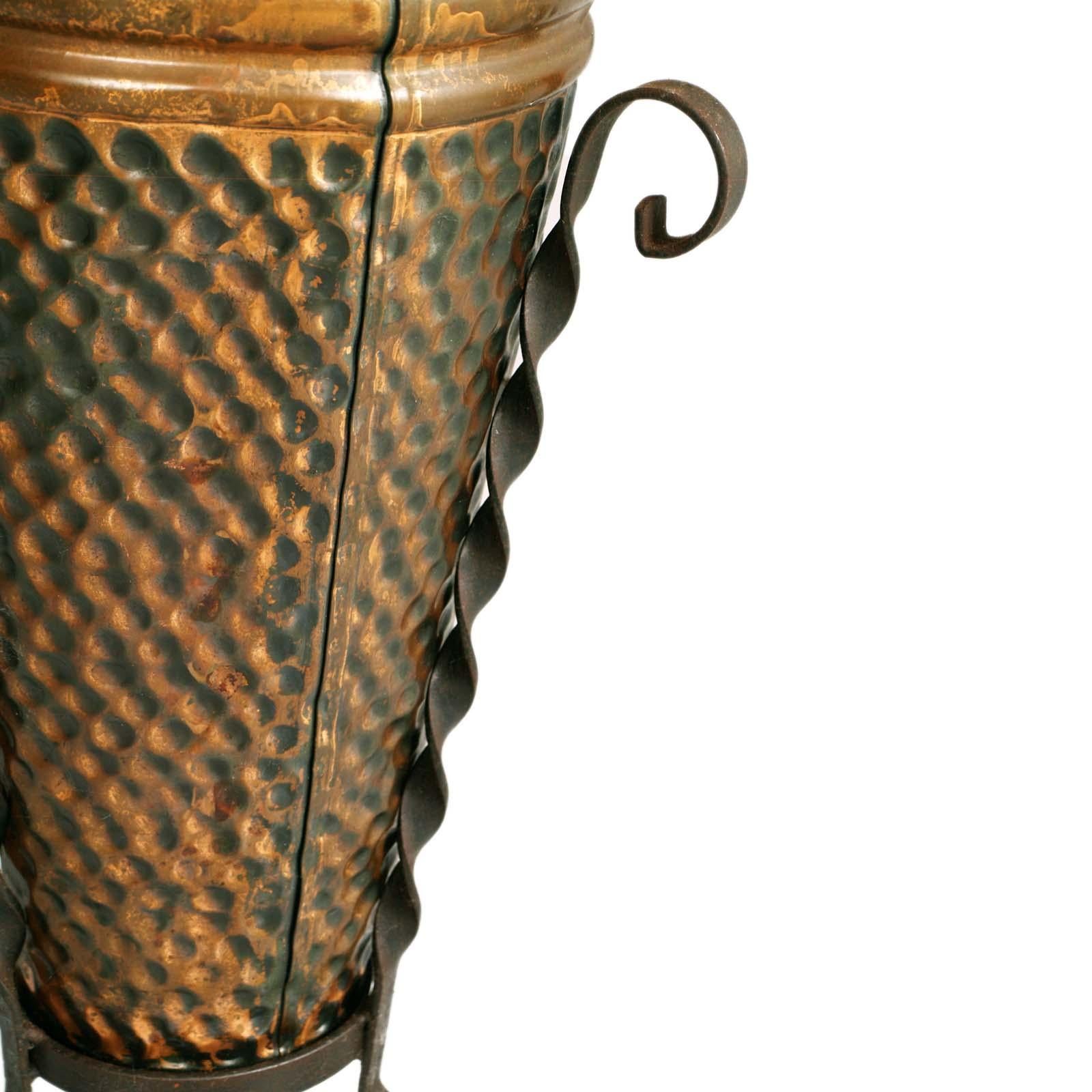 Italian 1940s Hand-Embossed Umbrella Stand in Burnished Brass and Wrought Iron, 1940s For Sale