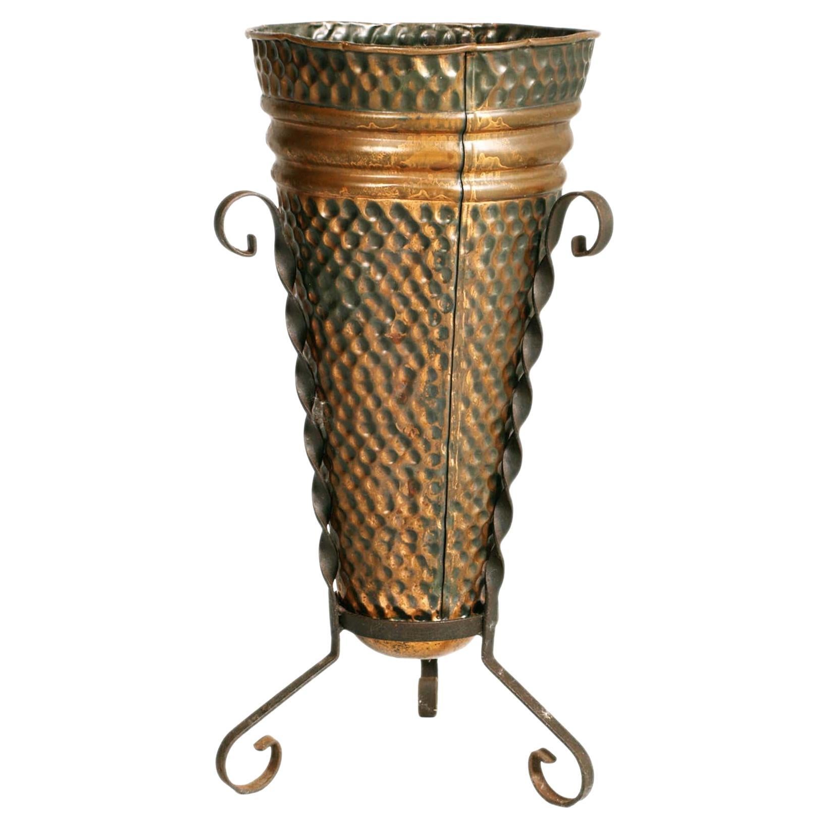 1940s Hand-Embossed Umbrella Stand in Burnished Brass and Wrought Iron, 1940s For Sale