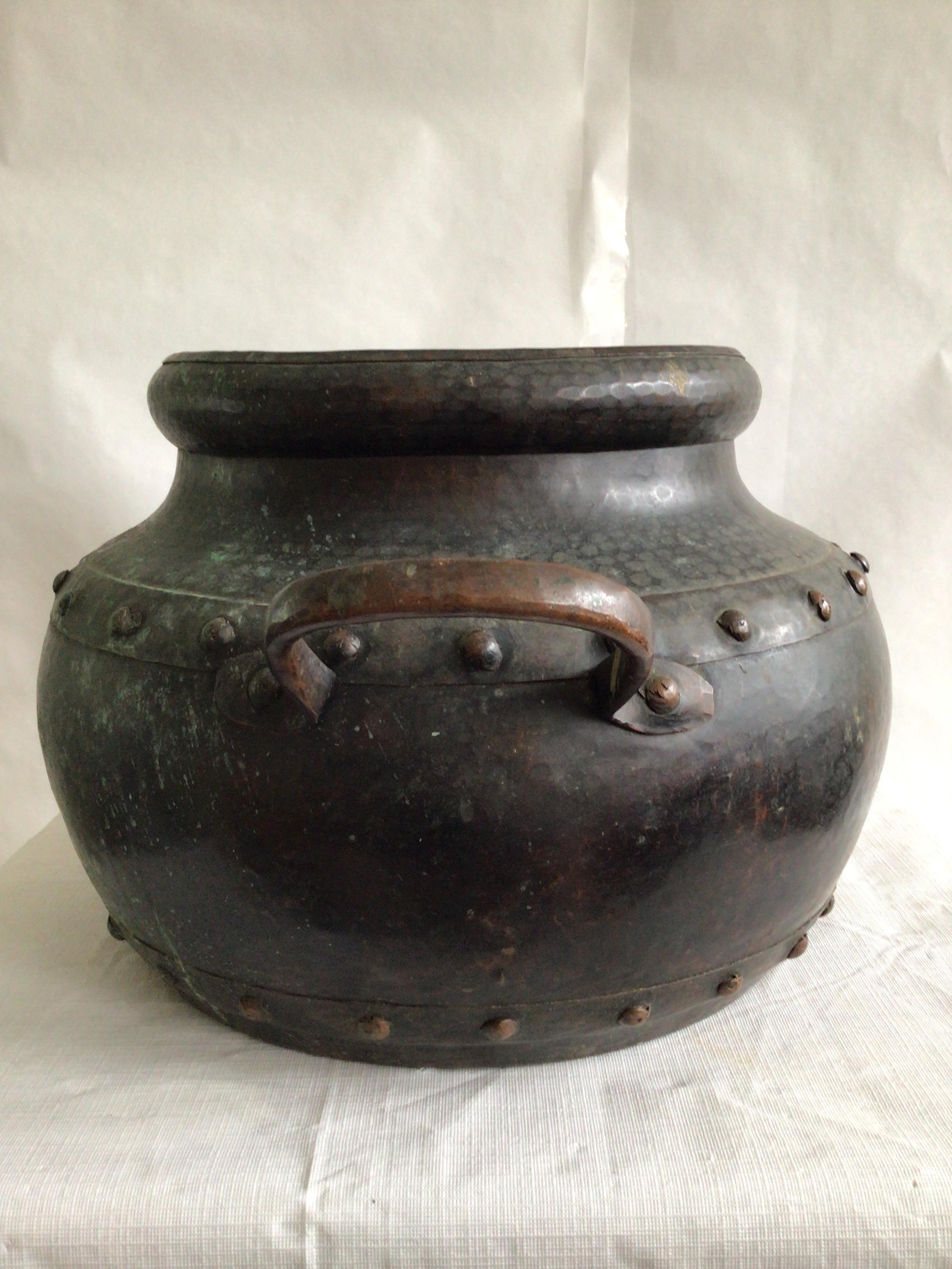 Mid-20th Century 1940s Hand Hammered Studded Patinated Copper Pot With Handles For Sale