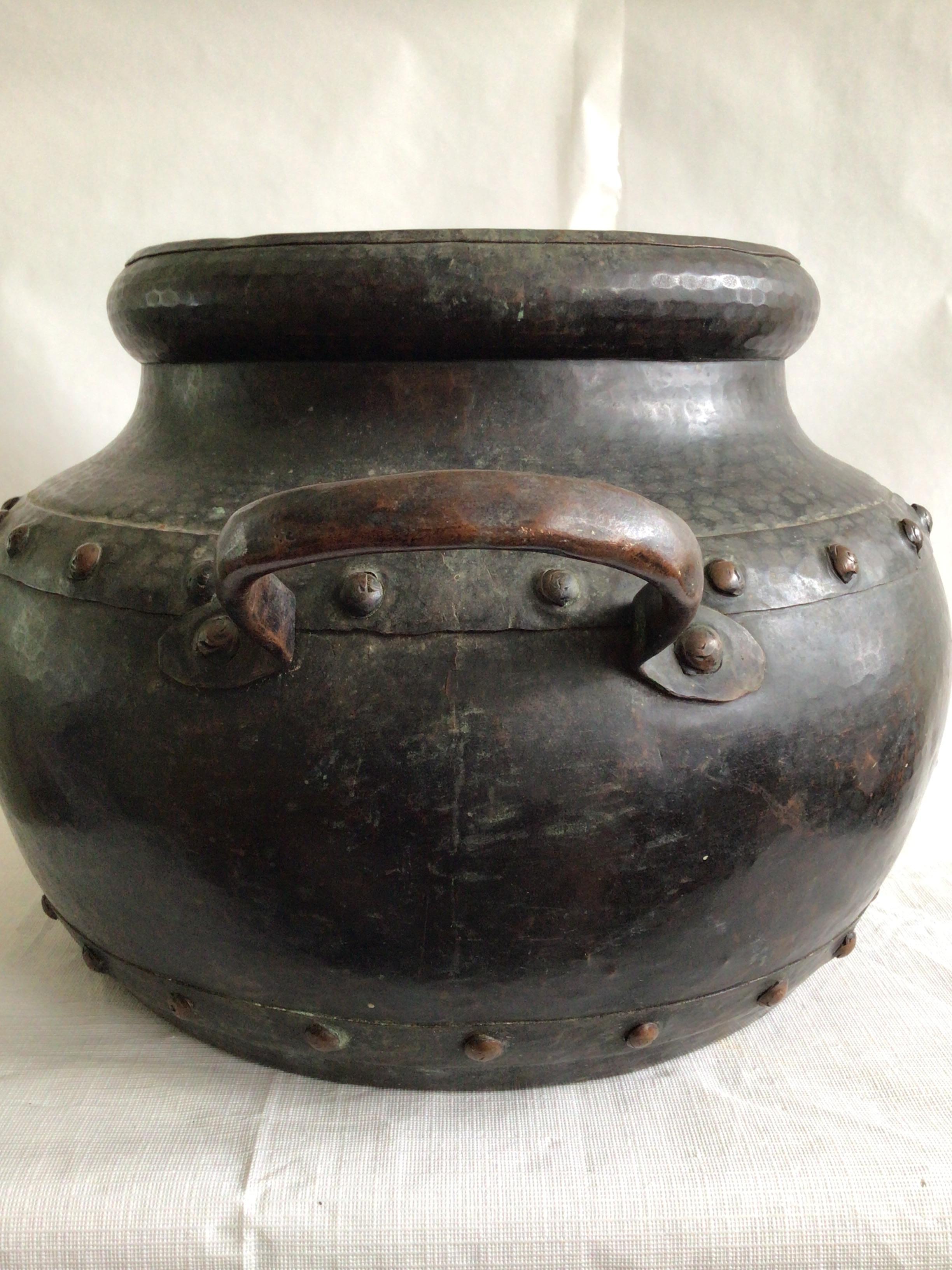 1940s Hand Hammered Studded Patinated Copper Pot With Handles For Sale 1