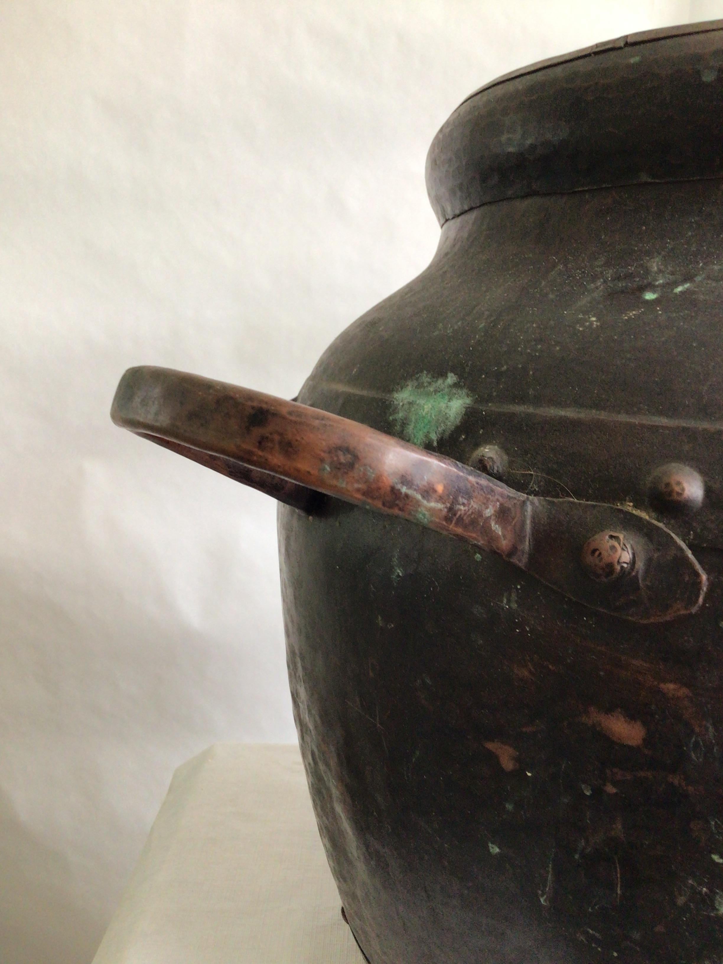 1940s Hand Hammered Studded Patinated Copper Pot With Handles For Sale 3