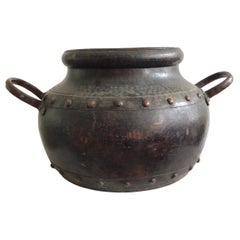 1940s Hand Hammered Studded Patinated Copper Pot With Handles