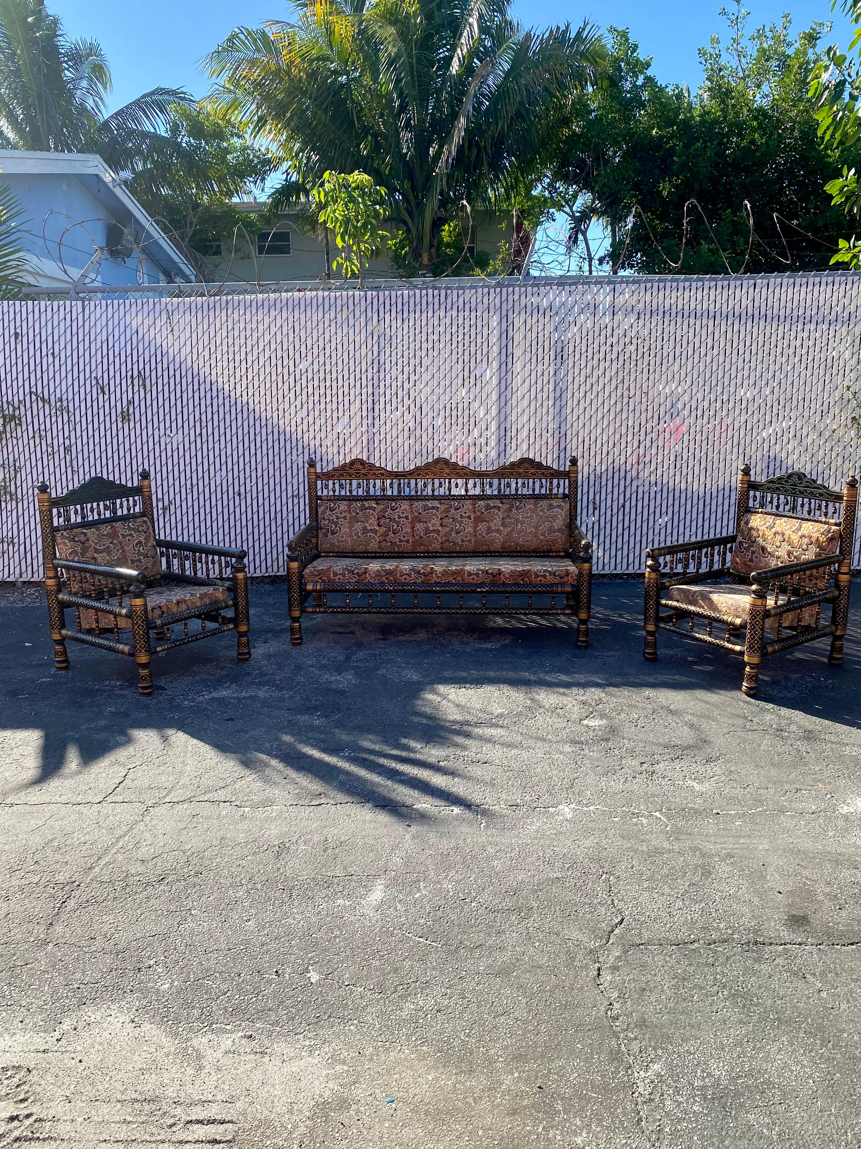 Art Deco 1930s Hand Painted Spindle Tassels Punjabi Floral Chinoiserie Style Sofa Chairs For Sale