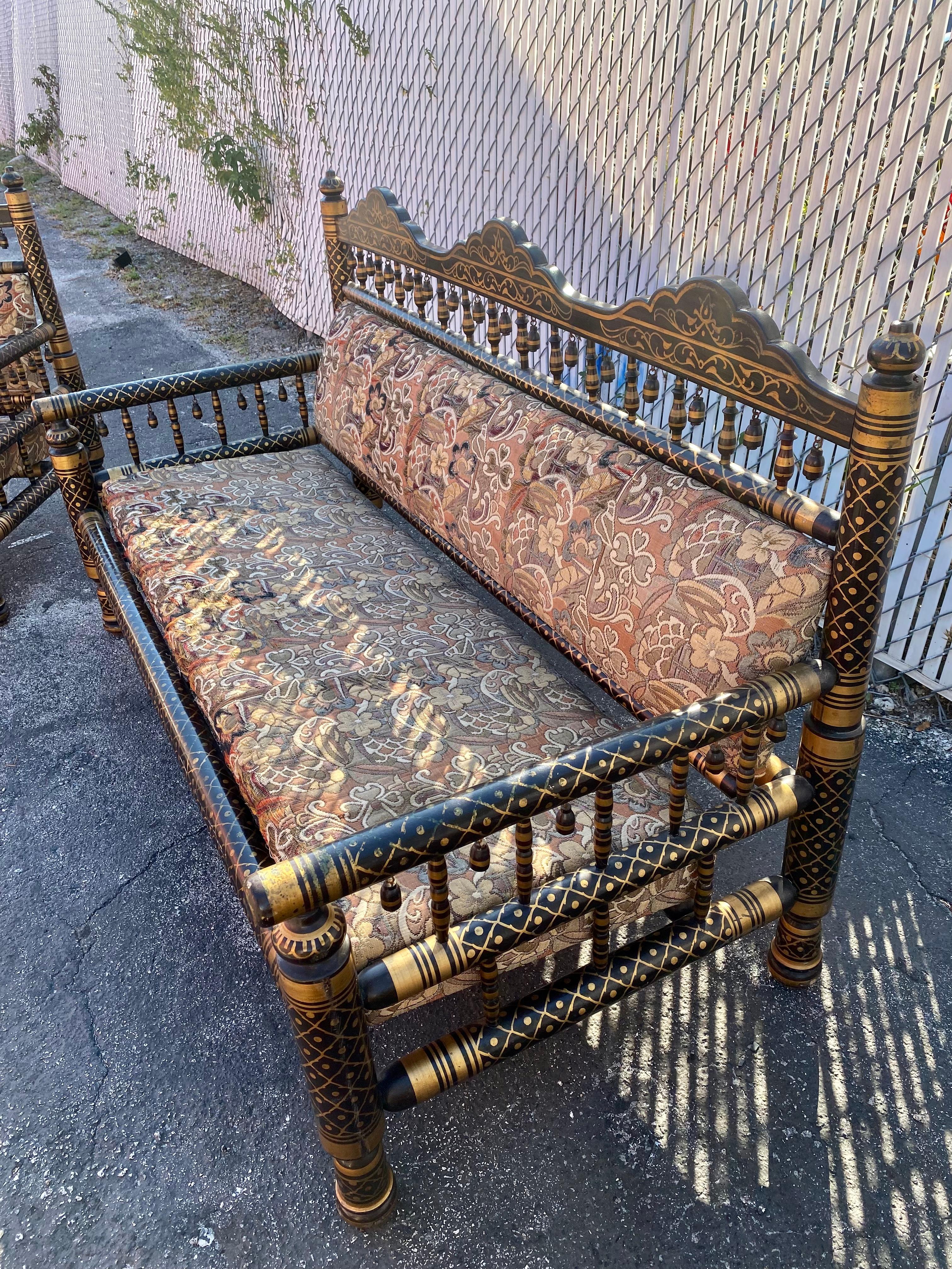 1930s Hand Painted Spindle Tassels Punjabi Floral Chinoiserie Style Sofa Chairs In Good Condition For Sale In Fort Lauderdale, FL