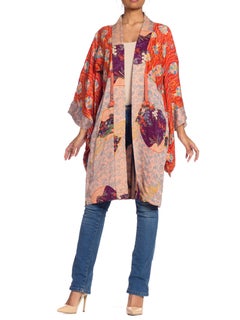 1930S Purple & Blue Silk Kimono Printed With Butterflies Japanese Fans